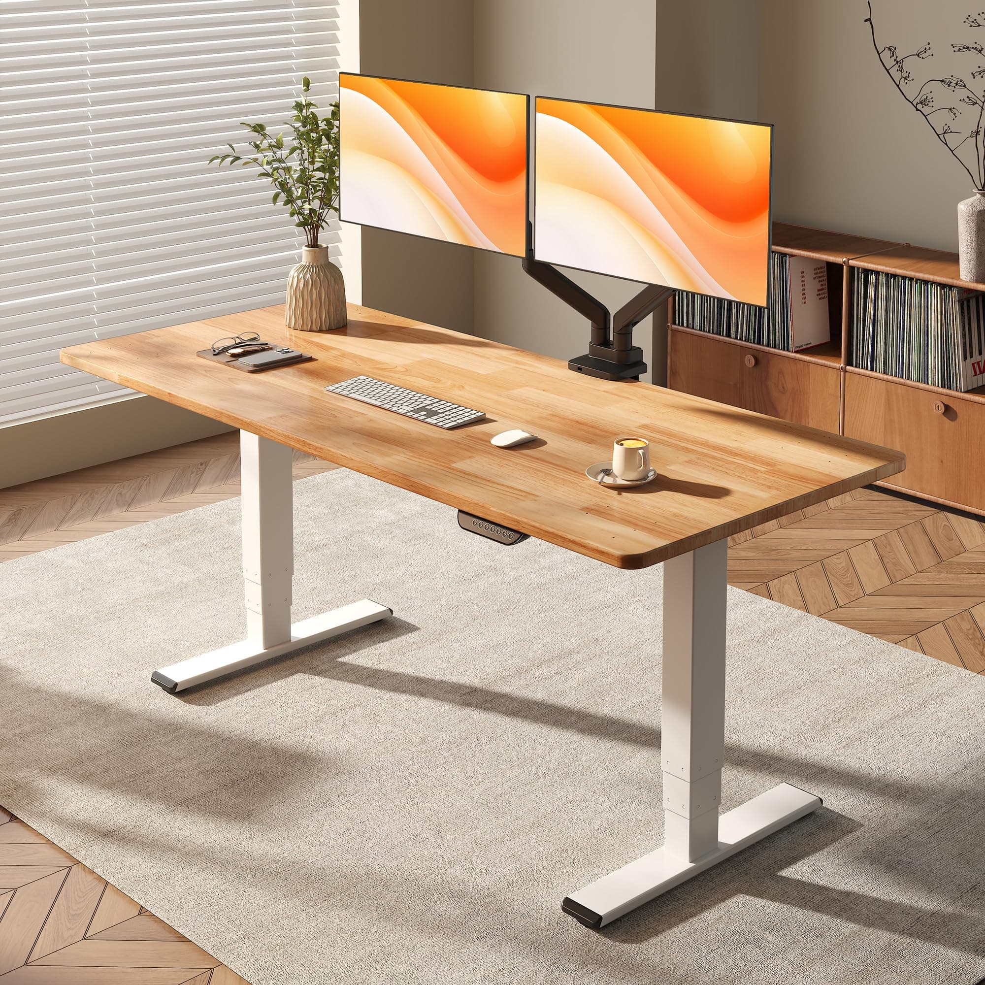 E6 MAX Solid Wood 63x24 Inch Dual Motor 3-Stage Heavy Duty Standing Desk, 330lbs Weight Capacity, Height Adjustable Desk w/Cable Management & Wheels(Butcher Block Rubberwood + White Frame)