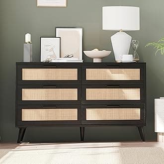 Rovaurx 6 Drawer Double Dresser for Bedroom, Rattan Chest of Dressers, Modern Wooden Dresser Chest with Golden Handles, Beside Table for Closet, Living Room and Entryway, Black and Natural RDG001BM