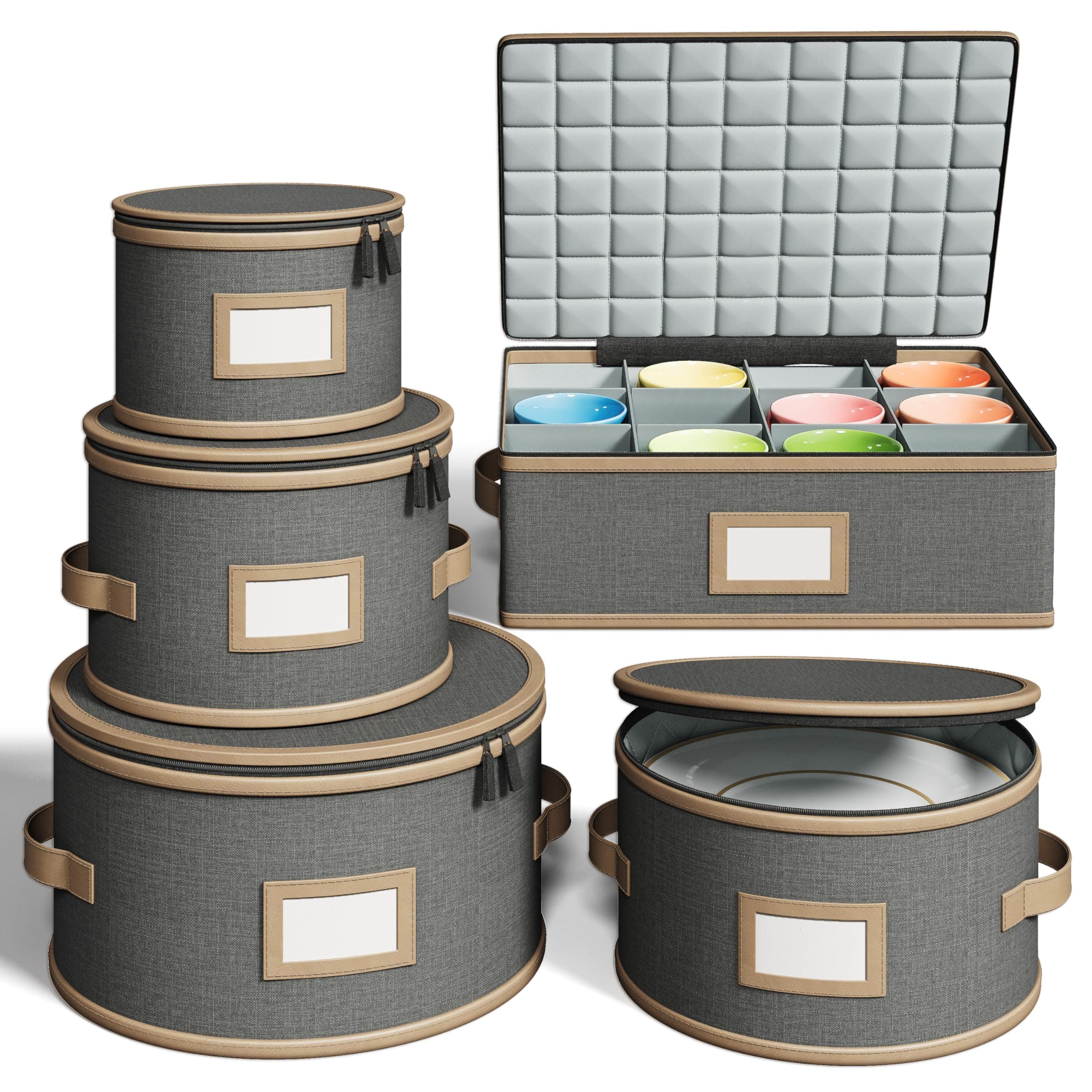 Hard Shell China Storage Containers – 5 Piece Set for Storing Dinner Plates, Salad Plates, Mugs, Quilted Dividers for Safe Moving and Seasonal Storage, Grey with Brown Edging