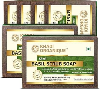 Khadi Organique Natural Herbal Basil Scrub Soap Pack of 6