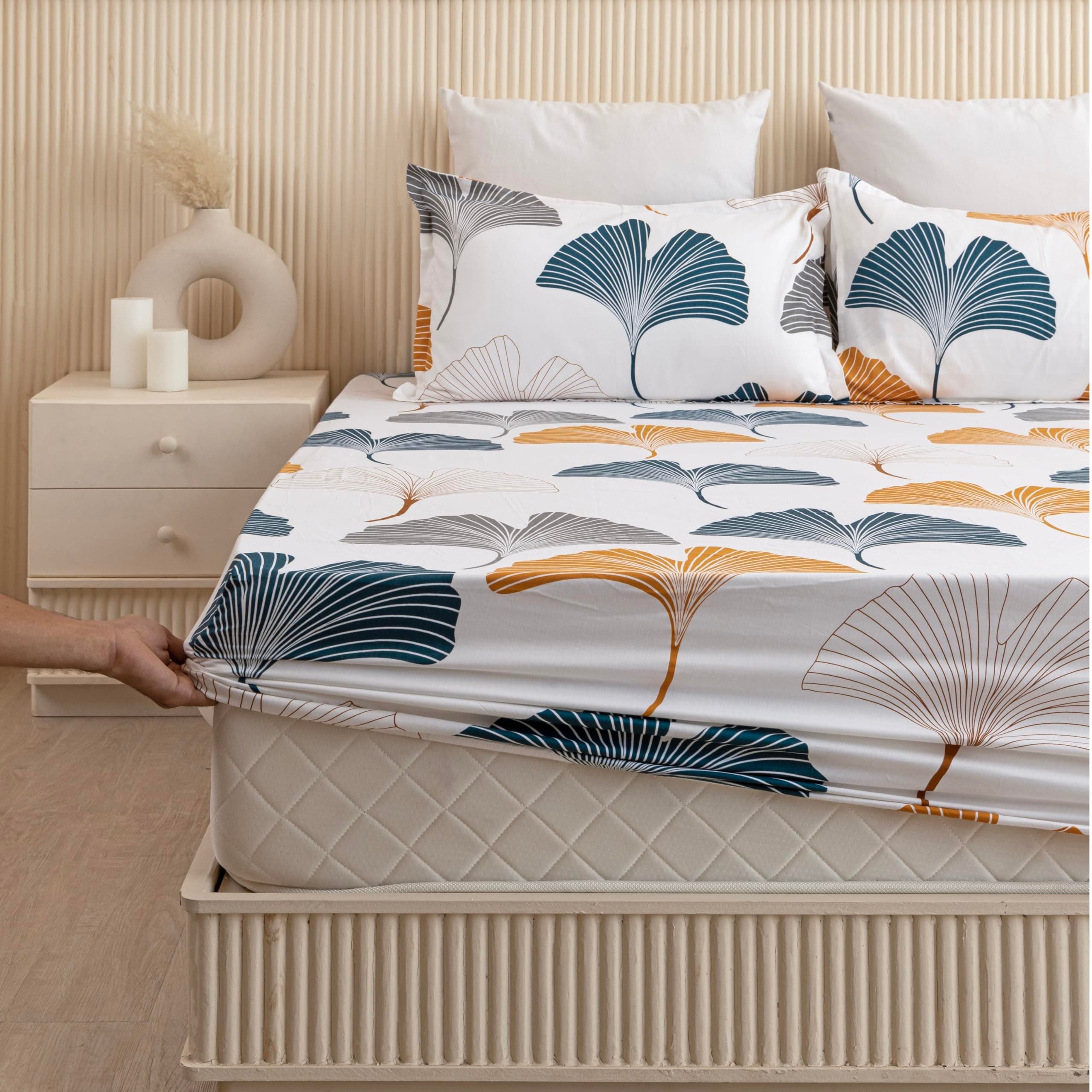 100% Cotton Fitted Bed Sheet for Single Bed, Ginkgo Leaf Printed All Around Elastic Bedsheet 72 x 36 Inch with 1 Pillow Cover | Perfect for Home Decor & Gifting