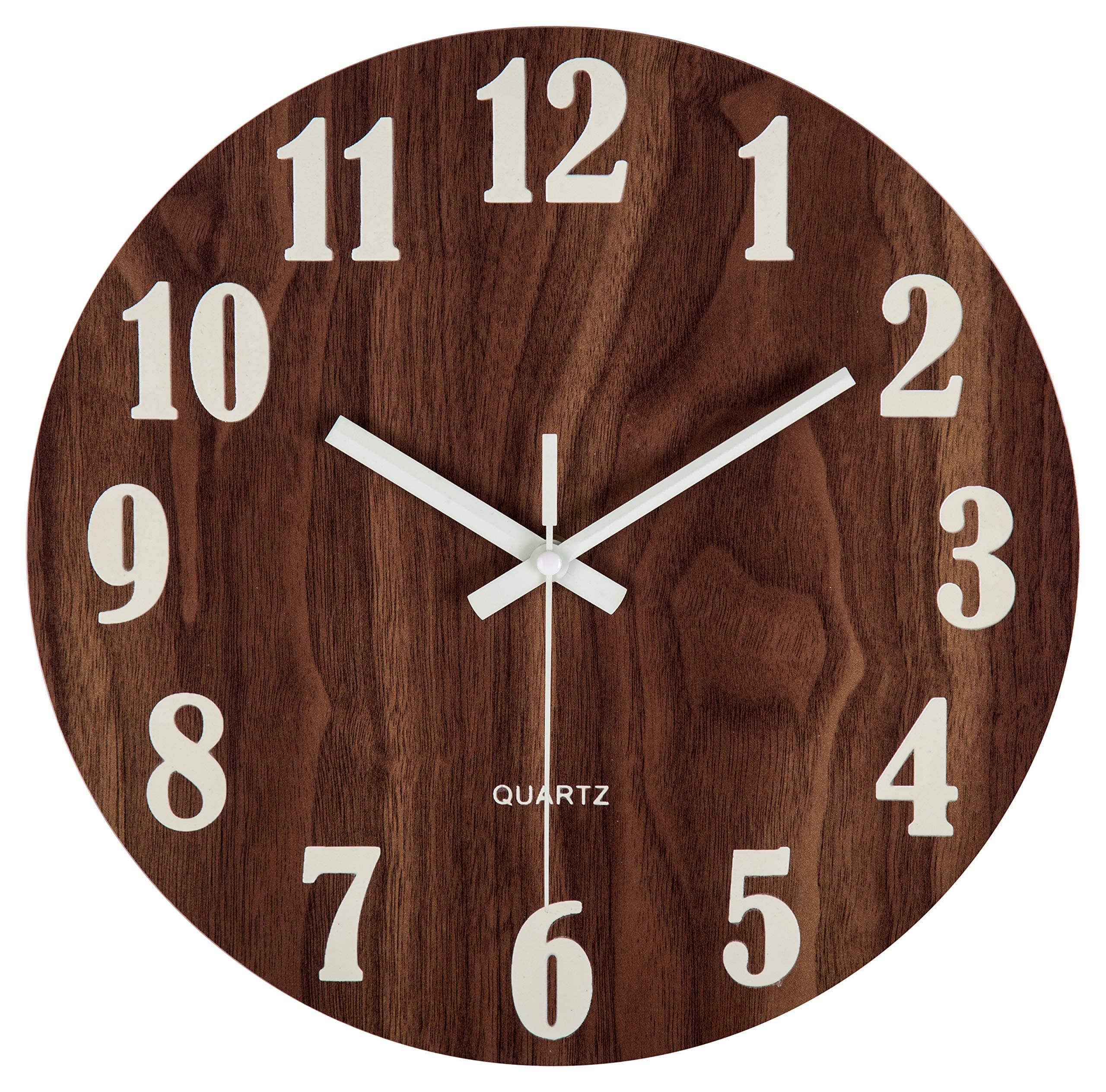 jomparis 12" Night Light Function Wooden Round Wall Clock Vintage Rustic Country Tuscan Style for Kitchen Bedroom Office Home Silent & Non-Ticking Large Numbers Battery Operated Indoor Clocks