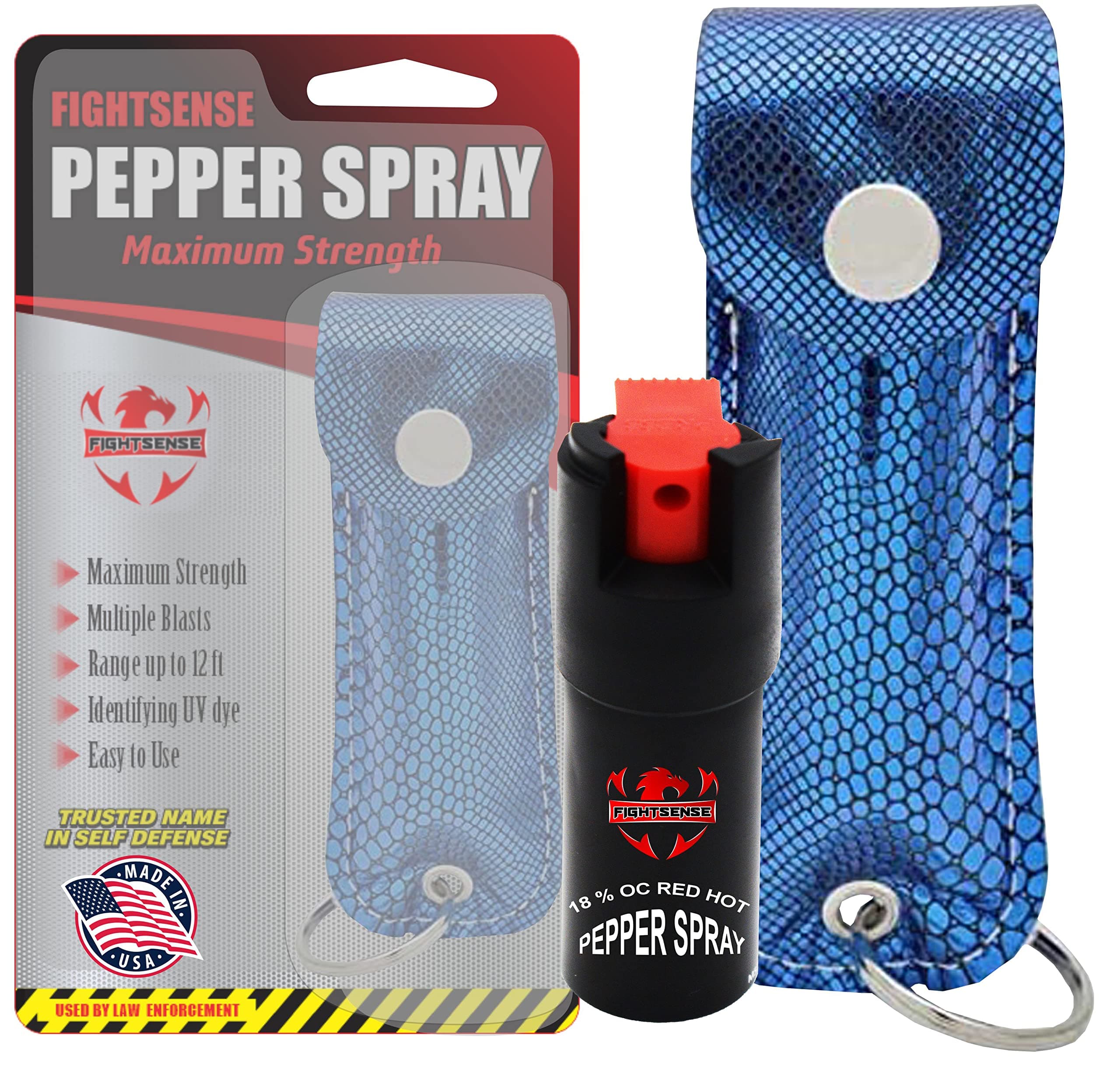FIGHTSENSE Self Defense Pepper Spray - 1/2 oz Compact Size Maximum Strength Police Grade Formula Best Self Defense Tool for Women W/Leather Pouch Keychain