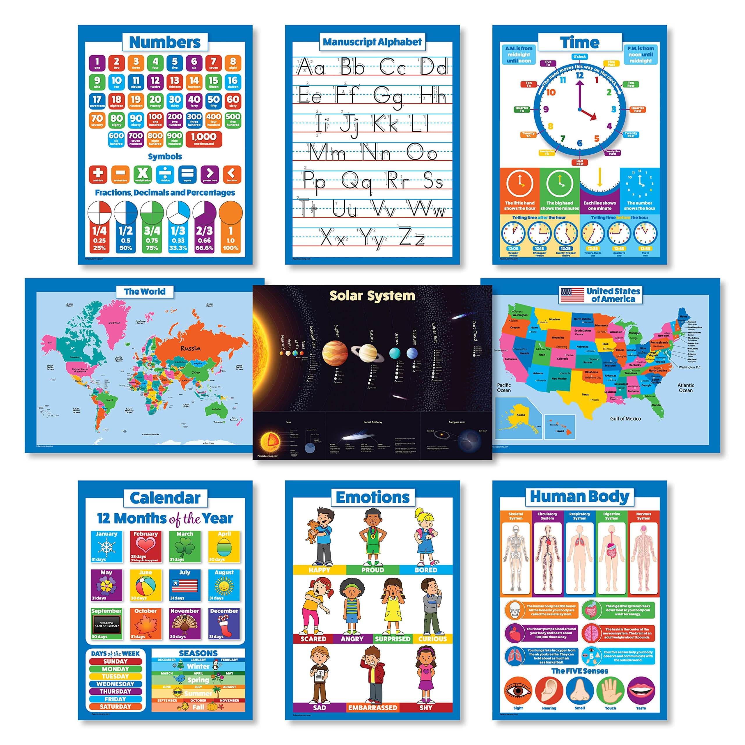 9 LAMINATED Educational Wall Posters For Kids - ABC - Alphabet, Solar System, USA Map, World Map, Numbers 1-100 +, Days of the Week, Months of the Year, Emotions, Time | Learning Charts