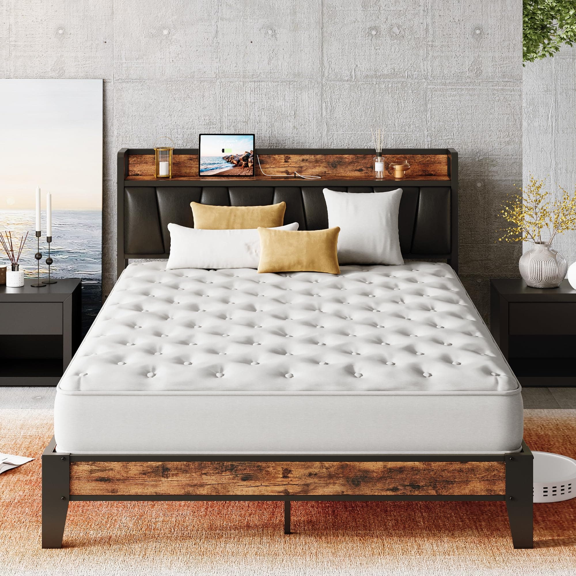 Full XL Bed Frame, Storage Headboard with Charging Station, Solid and Stable, Noise Free, No Box Spring Needed, Easy Assembly(Vintage and Black)