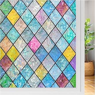 rabbitgoo Stained Glass Window Film Rainbow Film Decorative 3D Privacy Sticker Colorful Lattice Window Decals Cling, Sun Catcher Static Decals for Home 17.5"×157.4"