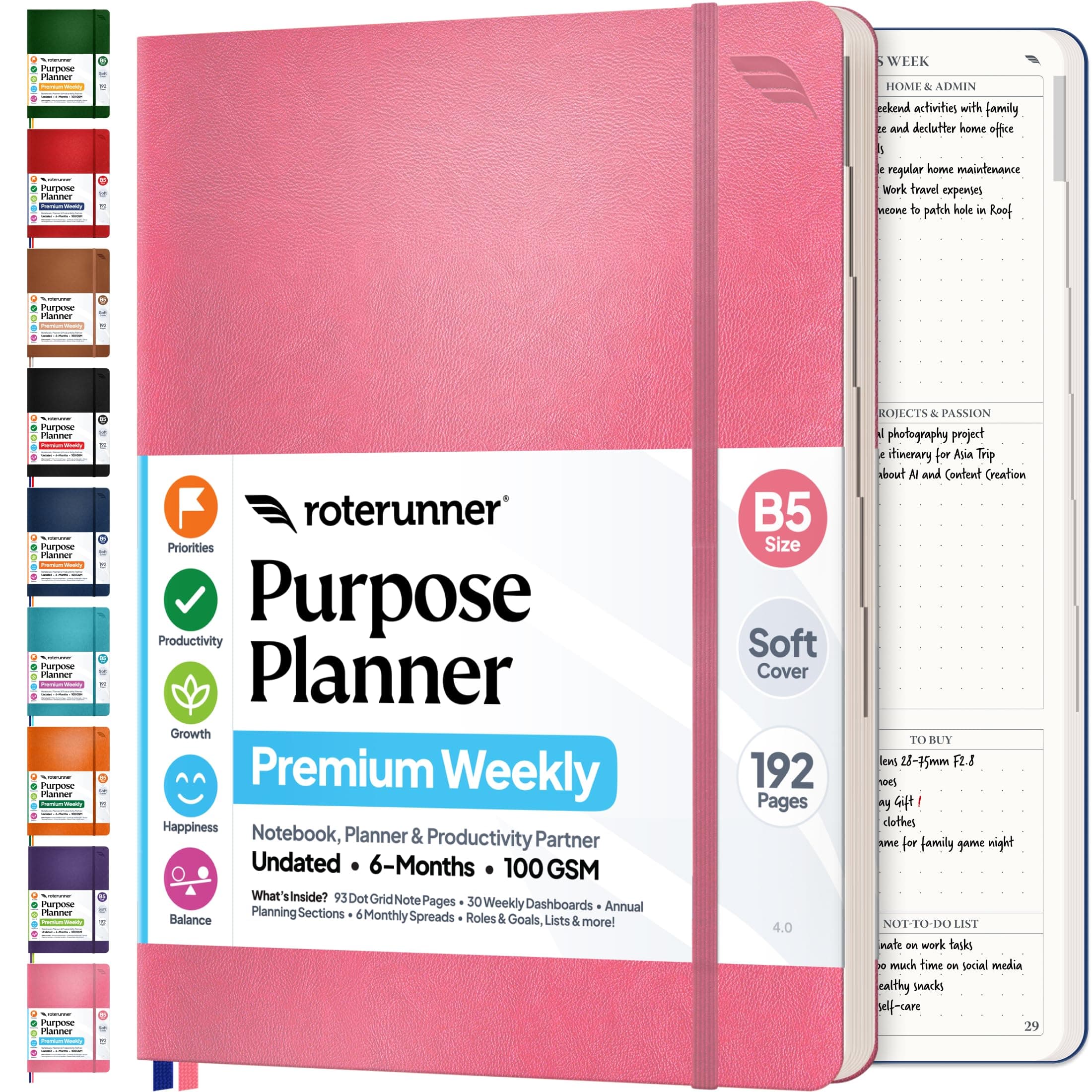 Roterunner Purpose Planner Notebook B5 7.5”x9.8” Undated 2026 Daily Weekly and Monthly Productivity Goal Setting Tool for Work Home ADHD Planner for Adults Self Care Journal