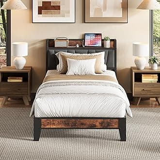 LIKIMIO - Single bed frame, storage headboard with charging station, solid and stable, no noise, no box spring needed, easy assembly