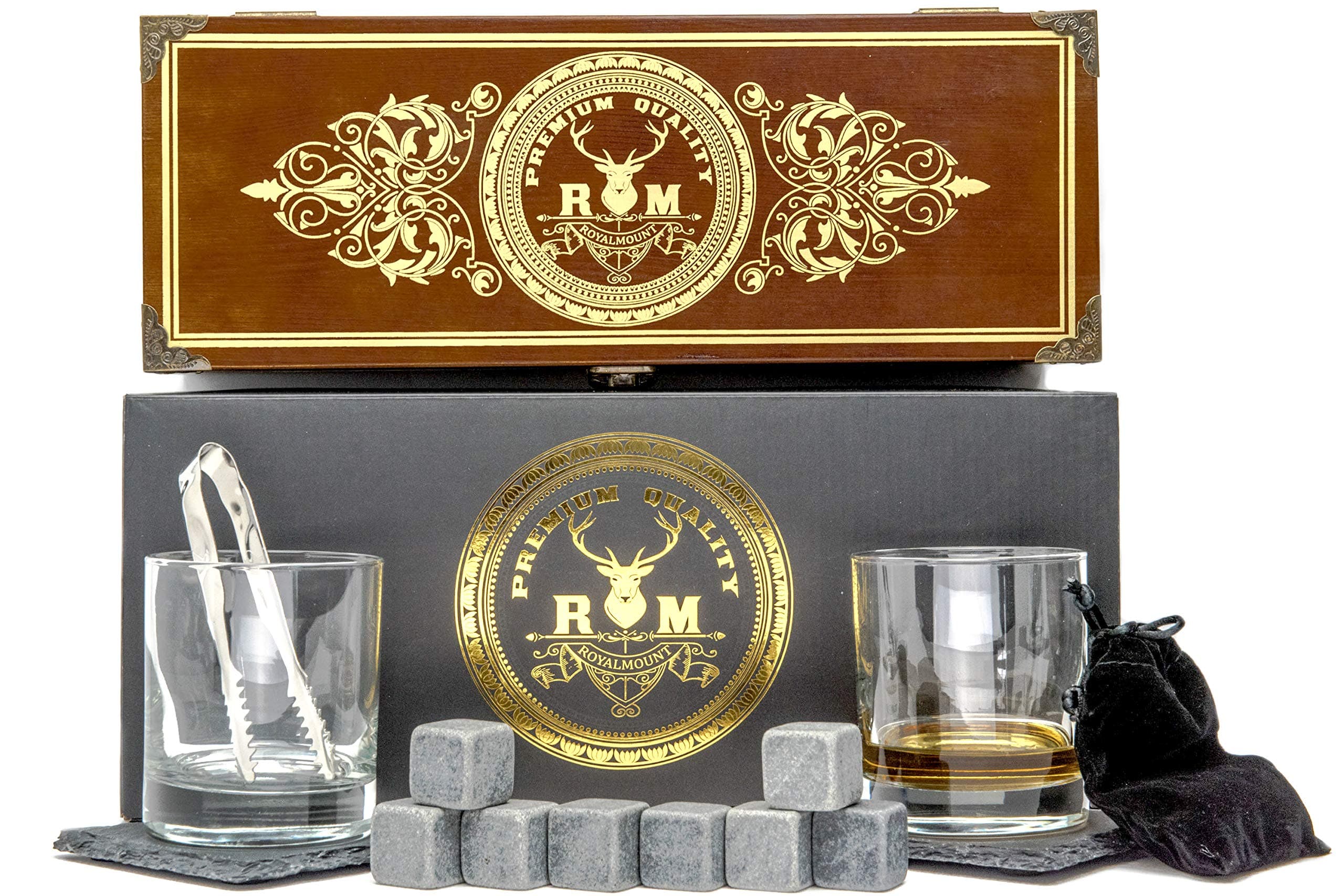 Premium Whiskey Glass and Stones Bar Accessory Gift Boxed Set | 2 Drinking Gasses + 8 Chilling Rocks + 2 Stone Coasters + Tong | Gift for Men, Women, Dad's Birthday, Christmas (Mahogany)