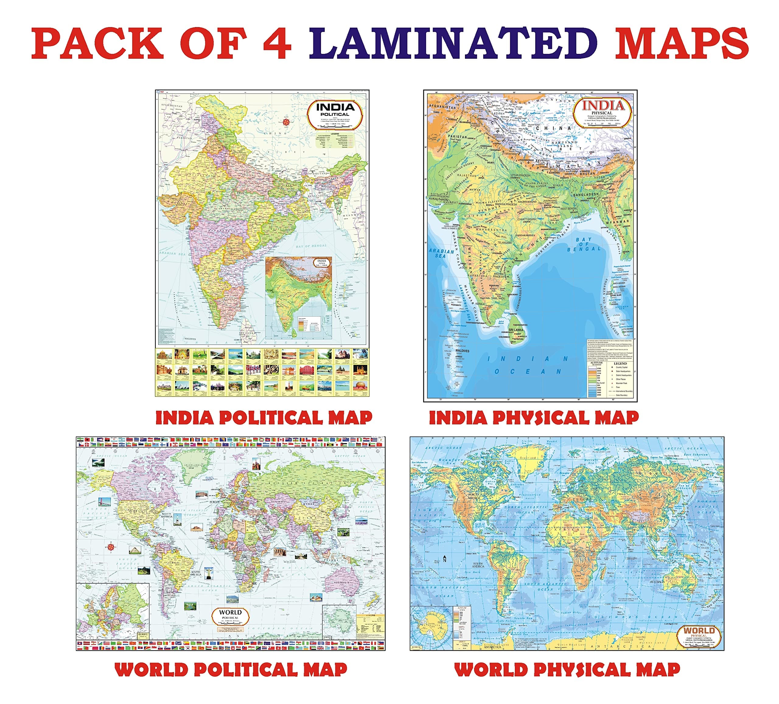 India & World Map (Both Political & Physical) | LAMINATED | SET OF 4 | Useful for UPSC, SSC, IES and other competitive exams