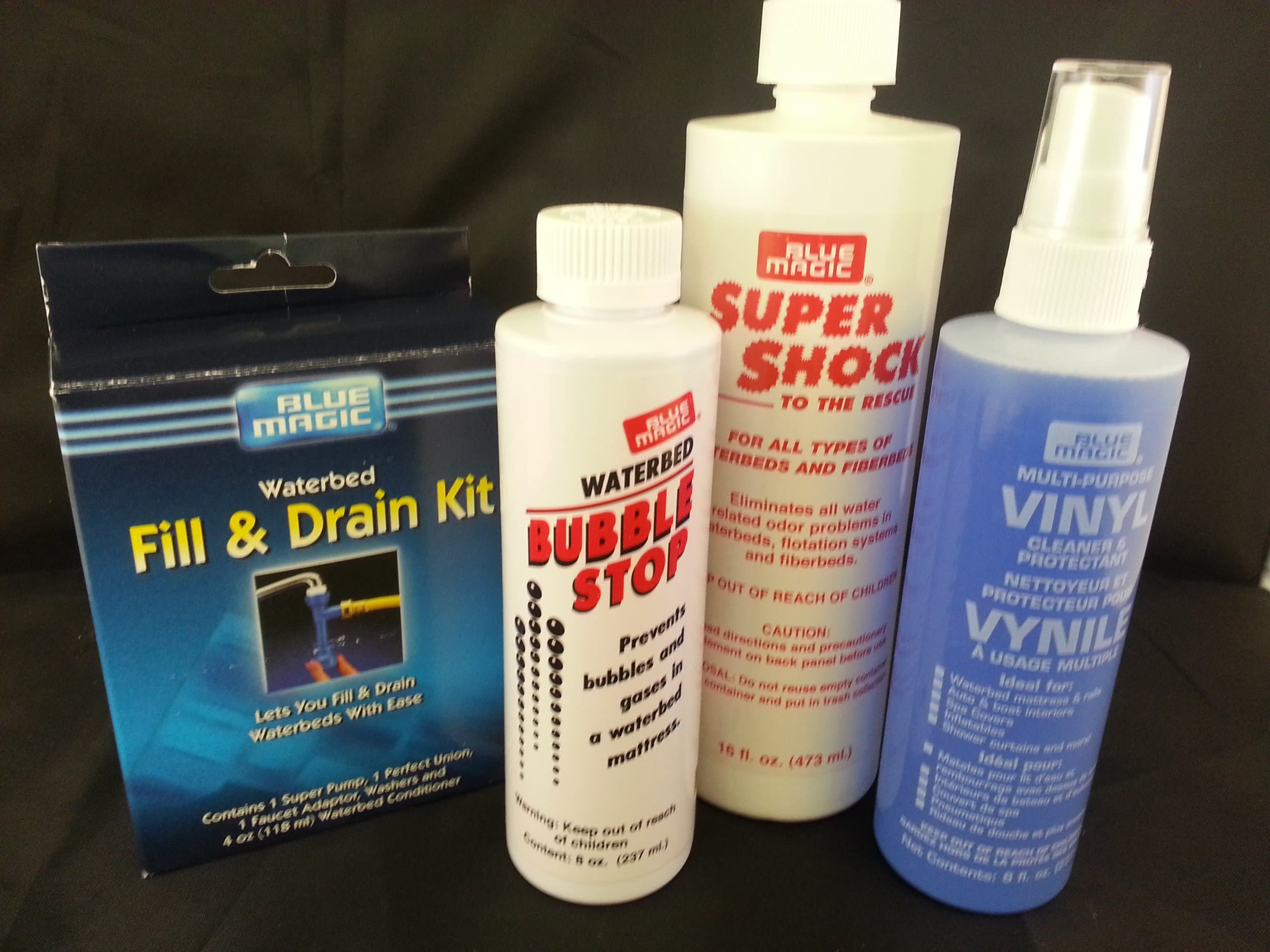 Waterbed Accessories Bundle includes Fill-Drain Kit Vinyl Cleaner Aqua Shock Bubble Stop