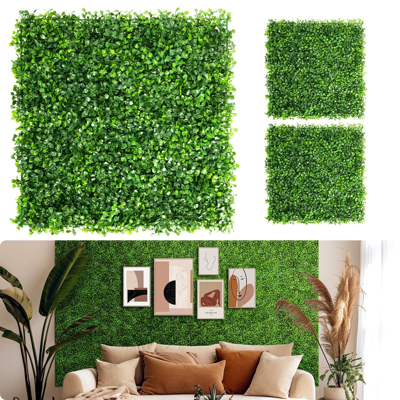 Aboofx Artificial Grass Wall Panels, 12 Pack 10 x 10 inch Boxwood Panels Hedge with 100 Zip Ties, Boxwood Hedge Wall Panels for Garden Yard Fence Covering Privacy, Greenery Wall Background Decoration