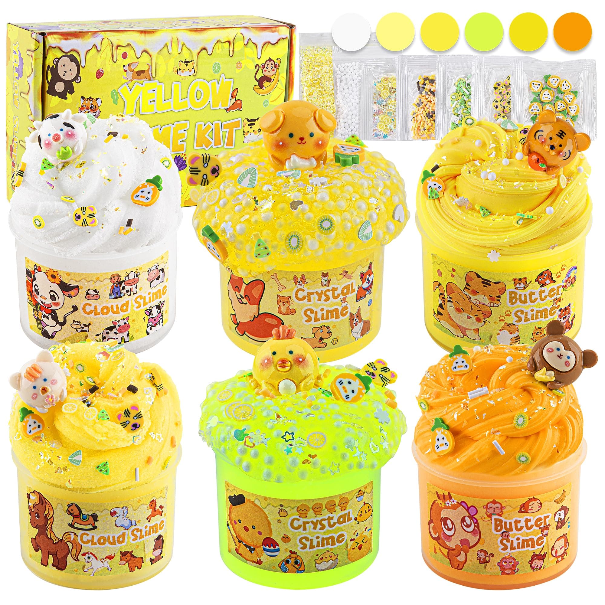 LAWOHO 6 Packs Gradient Yellow Slime Kit - Clear, Butter, Cloud & Fluffy Slimes for Kids with Charms & Animal Add-ins, Party Favors for Girls & Boys, 360ml Non-Stick