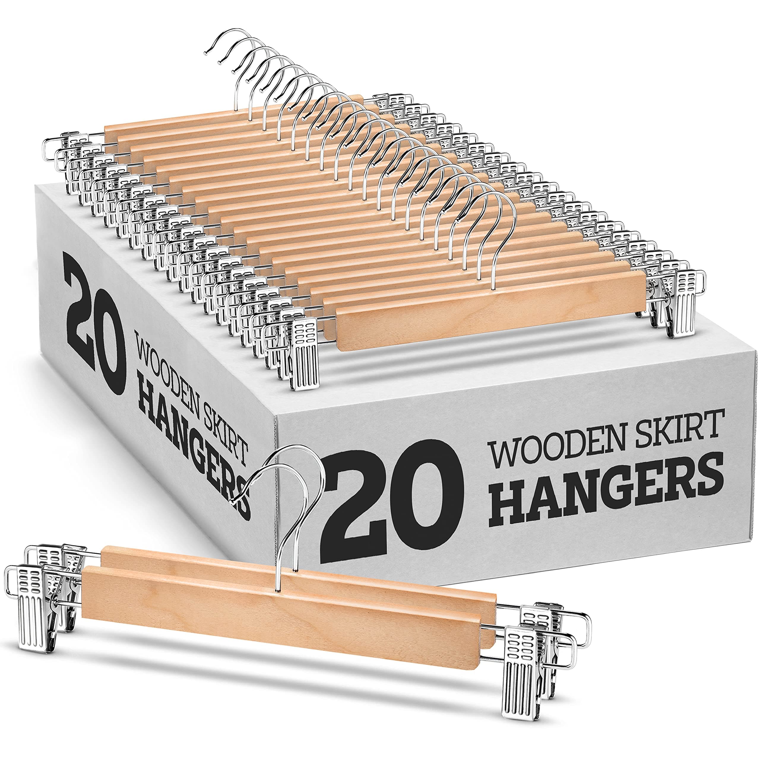 ZOBER Wooden Hanger with Metal Clips 20 Pack - High-Grade Solid Wood Pants Hangers 360° Swivel Hook Smooth Finish Non-Slip Design Perfect for Trousers Skirts and Clothing Organization (Natural)
