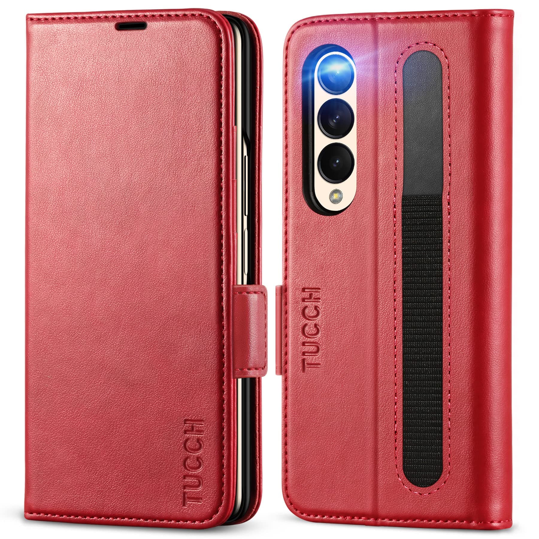 TUCCH Case Wallet for Galaxy Z Fold4 5G, Protective PU Leather Cover with S Pen Holder [RFID Blocking] [PC Shell] [Card Slot] Viewing Stand Folio Flip Compatible with Galaxy Z Fold 4 7.6", Red