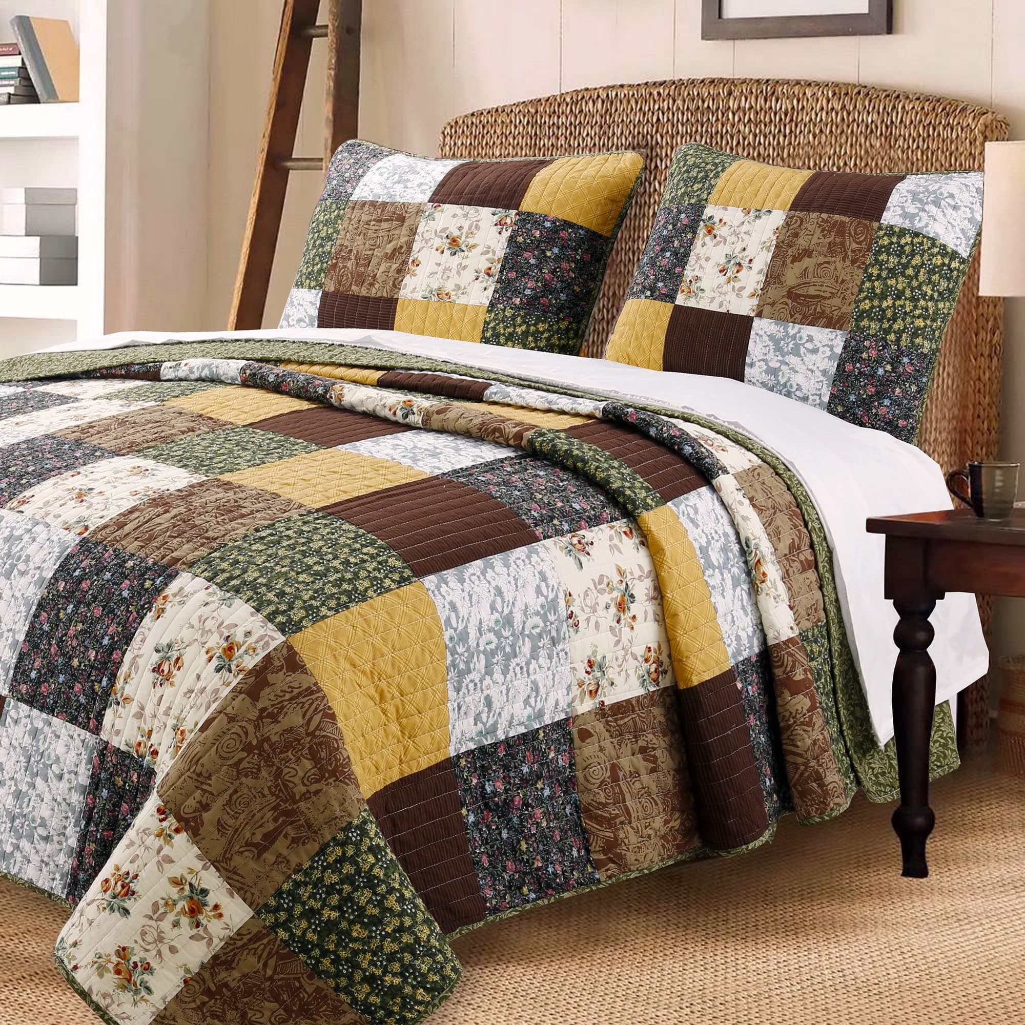 Andy Brown Quilt Bedding Set, 100% Cotton Striped Real Patchwork, Black Olive Country Style, Reversible Coverlet, Bedspread Set for Men/Women(Brown/Olive, King - 3 Piece)