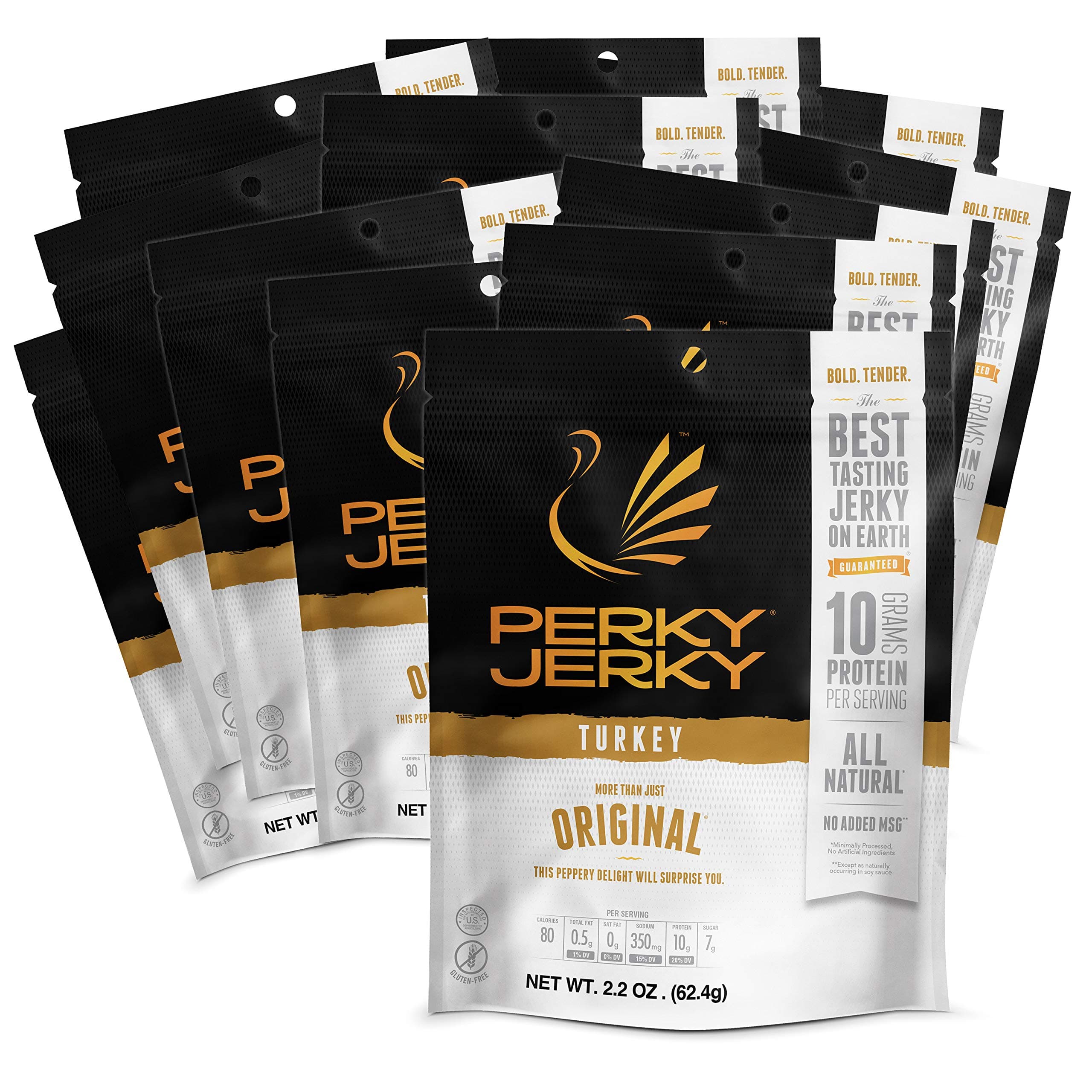 Perky Jerky Original Turkey Jerky, Low Sodium - 10g Protein per Serving - Low Fat - 100% U.S. Sourced - Tender Texture and Bold Flavor, 2.2 Ounce (Pack of 12)