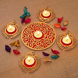 Saudeep India MDF Wood Readymade Circle Rangoli Set with Tealights | Decorative Tea Light Candle Holder for Home Decor | Traditional Festive Decoration & Corporate Gift Item for Festivals