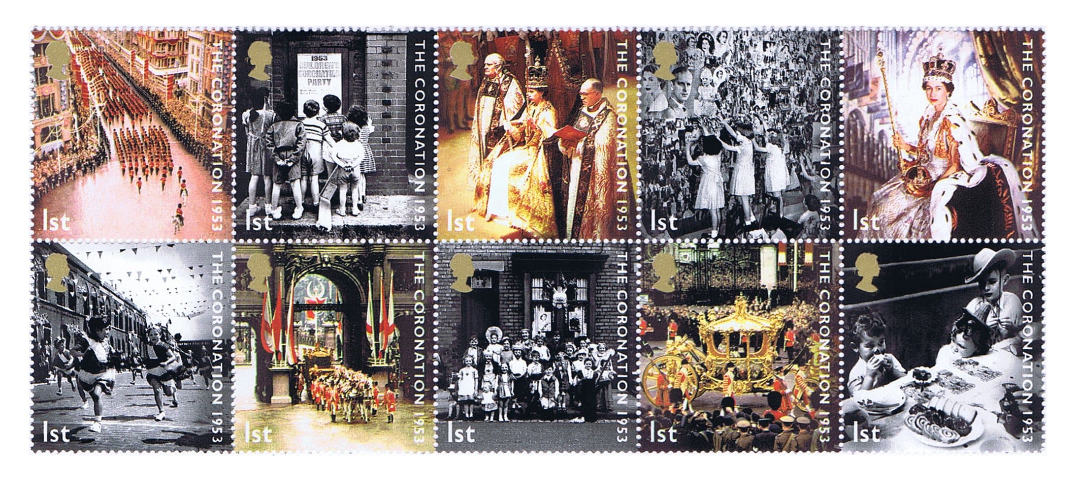 10 x 1st Class Royal Mail mint postage stamps marking 50th Anniversary of the Coronation of Queen Elizabeth II