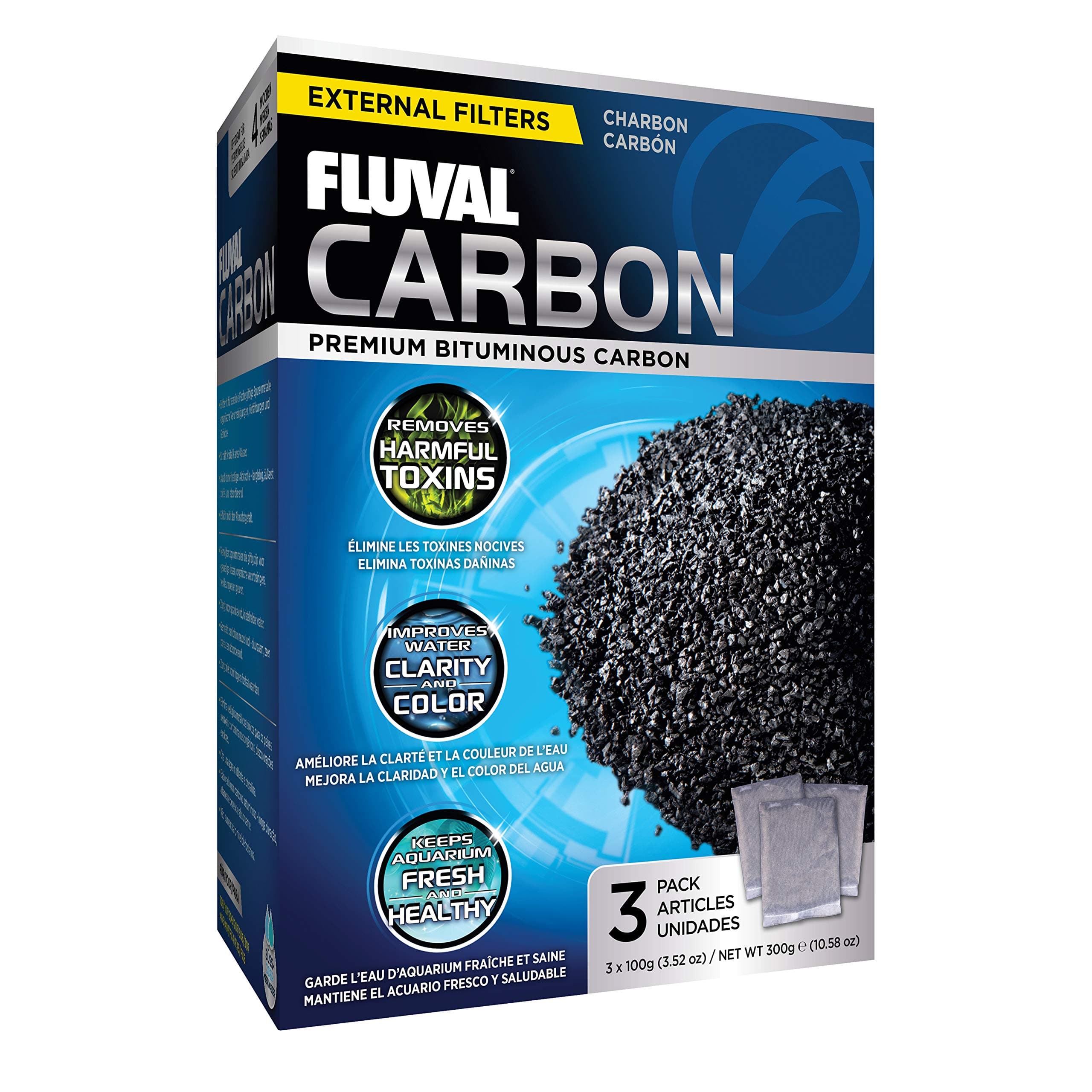 Fluval Carbon Filter Media for Aquariums, Premium Bituminous Carbon Inserts, 100-gram Nylon Bags, 3 Count (Pack of 1), A1440
