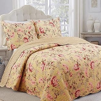 Cozy Line Home Fashions Lelia Pink Rose Blooming Floral Vintage Yellow 100% Cotton Reversible Quilt Bedding Set, Coverlet Bedspread (Rose Vivid, King - 3 Piece)