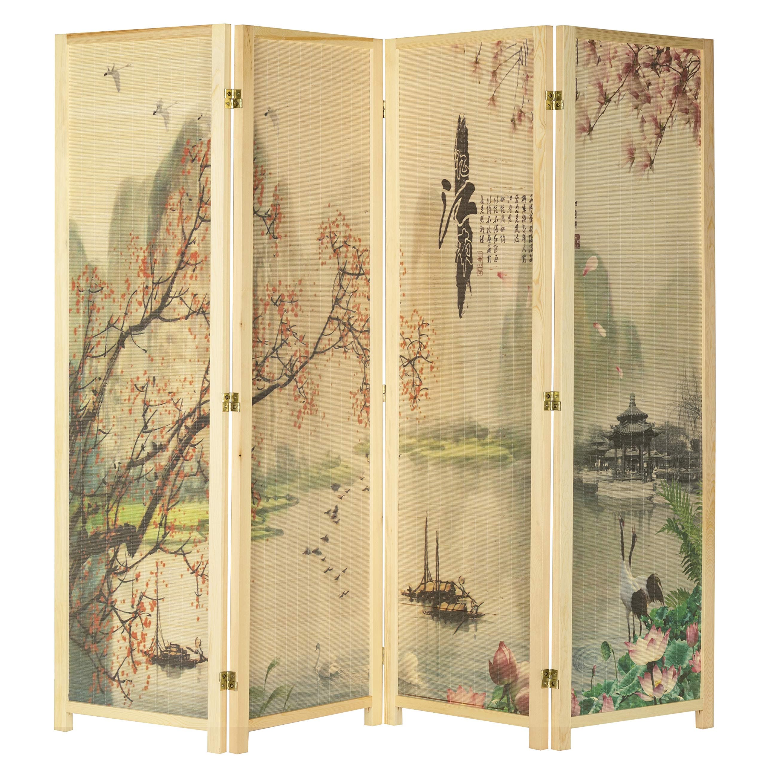 4-Panel Folding Bamboo Room Divider Asian-Inspired Cherry Blossom Scene, 6 FT Freestanding Floral Artwork Room Partitioner with Beige Wood Frame
