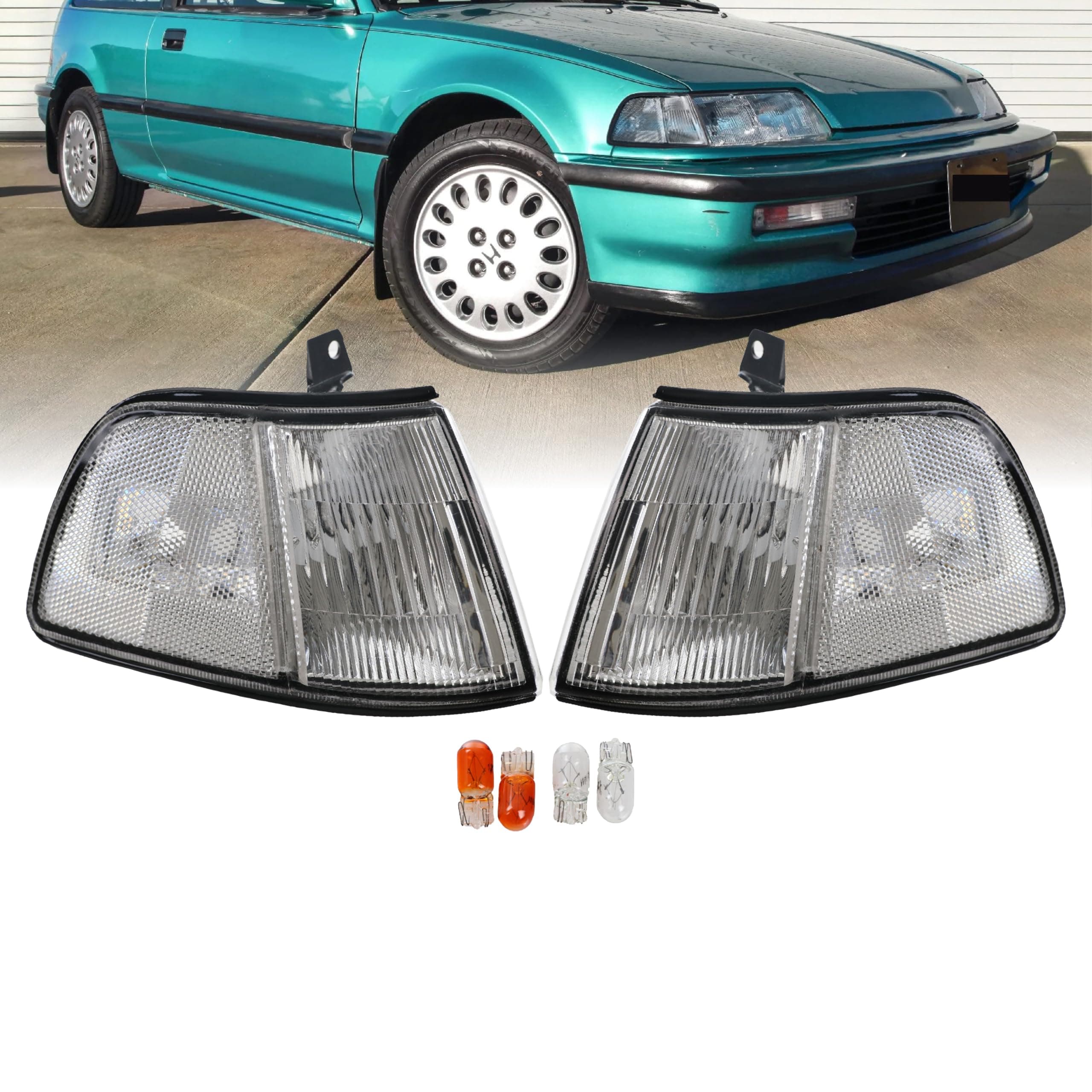 USR DEPO 90-91 Civic 3D Corner Lights - Front Cornering Parking Turn Signal Lamp Set (Left + Right) Compatible with 1990-1991 Honda Civic 3 Doors Hatchback (All Clear Lens)