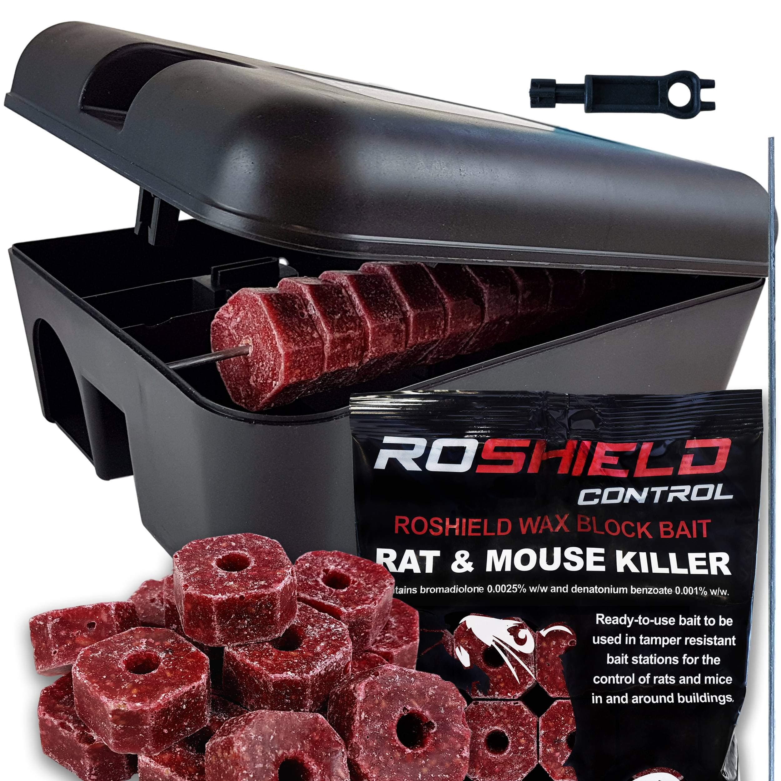 Roshield External Tamper Proof Rodent Bait Box & Wax Block Rat Poison Kit - Garden & Home Treatment Killer Safety Kit (1 Box & 300g Blocks)