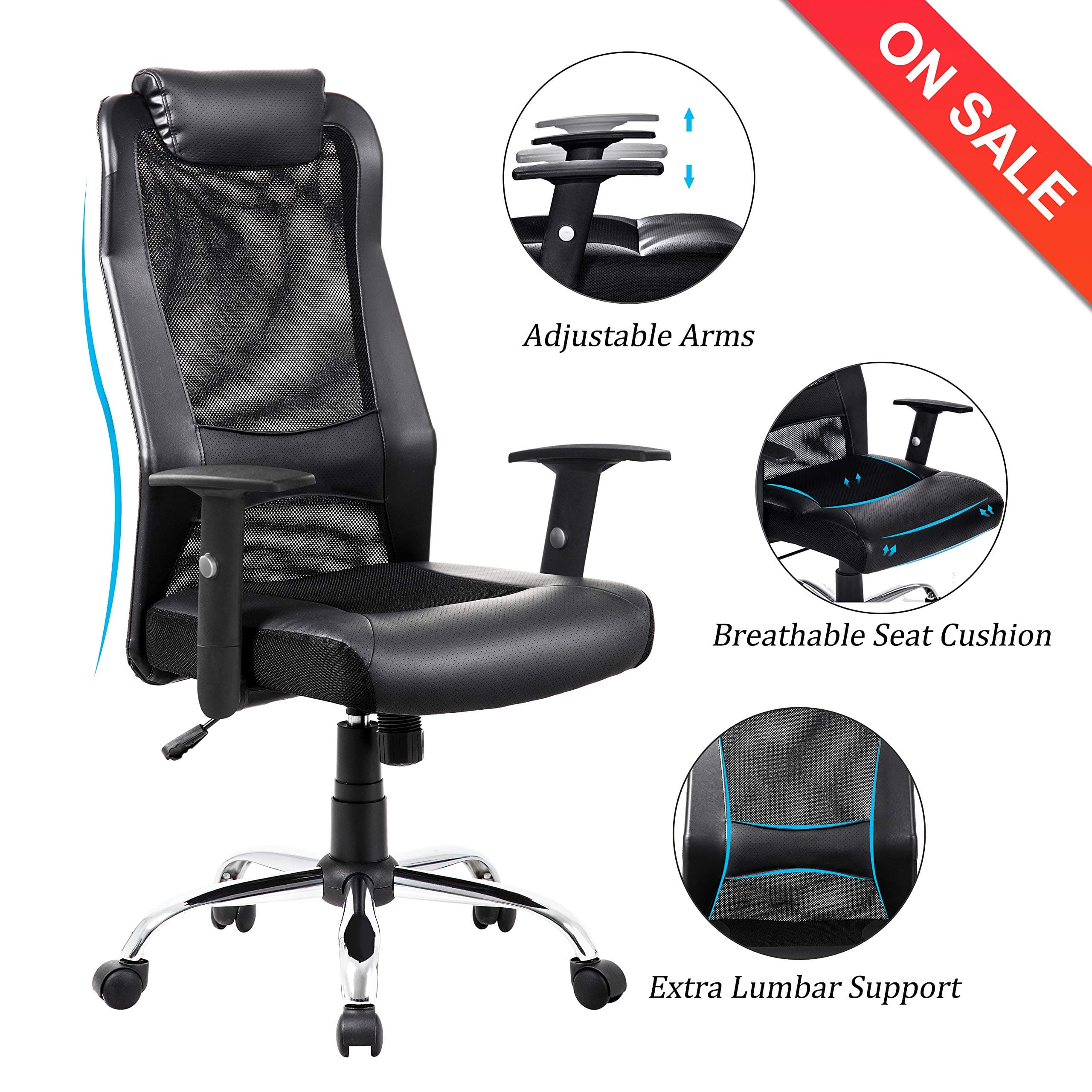 VANBOW Extra High Back Mesh Office Chair - Adjustable Arms Ergonomic Computer Desk Task Chair with Padded Leather Headrest and Lumbar Support, Black