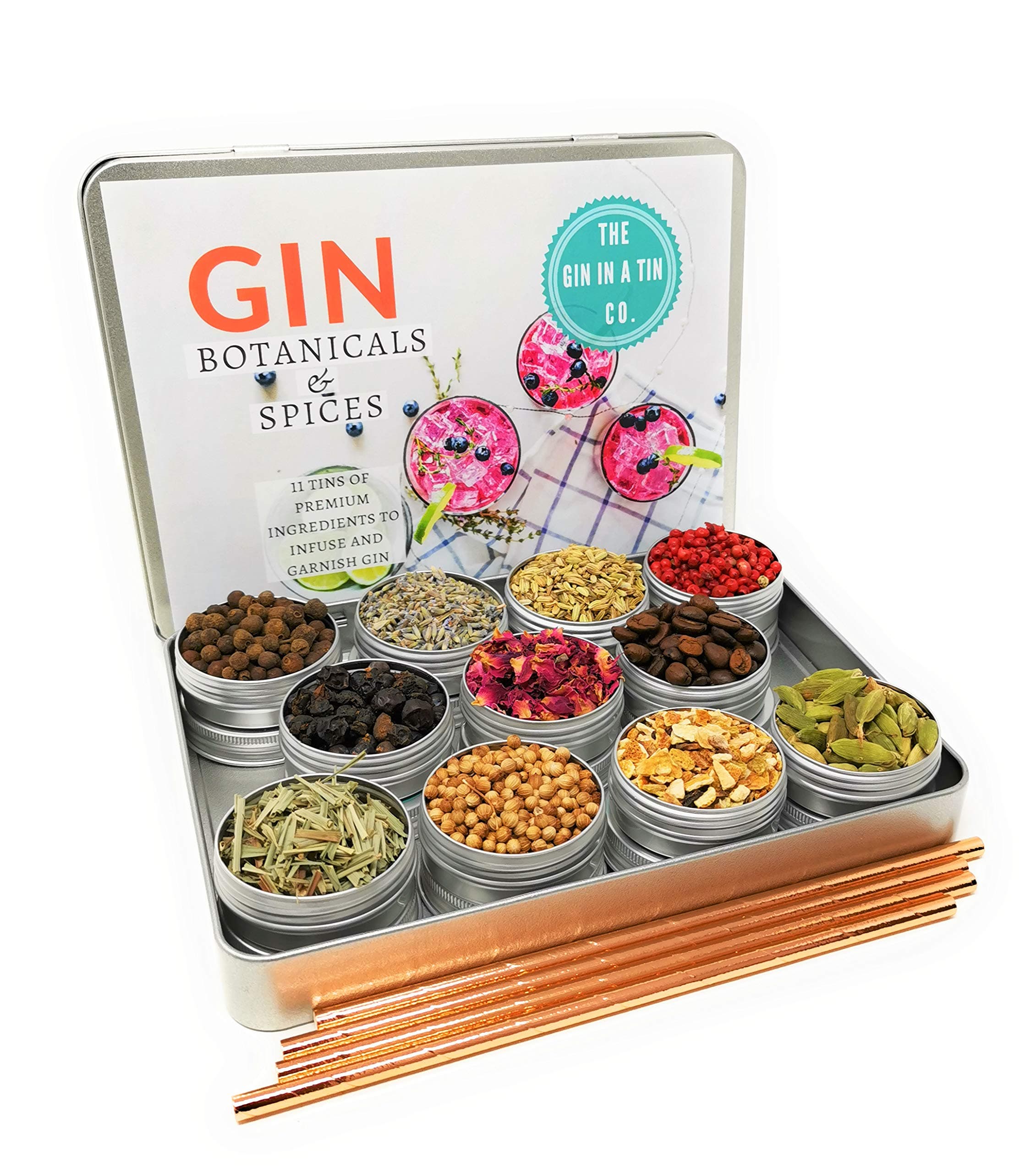 The Gin In A Tin Co Gin Botanicals Set Of 11 Gin Infusion Botanical Set With Biodegradable Copper Straws Fantastic Gin Infusion Set For Gin Lovers Includes Juniper Berries And Gin Berries
