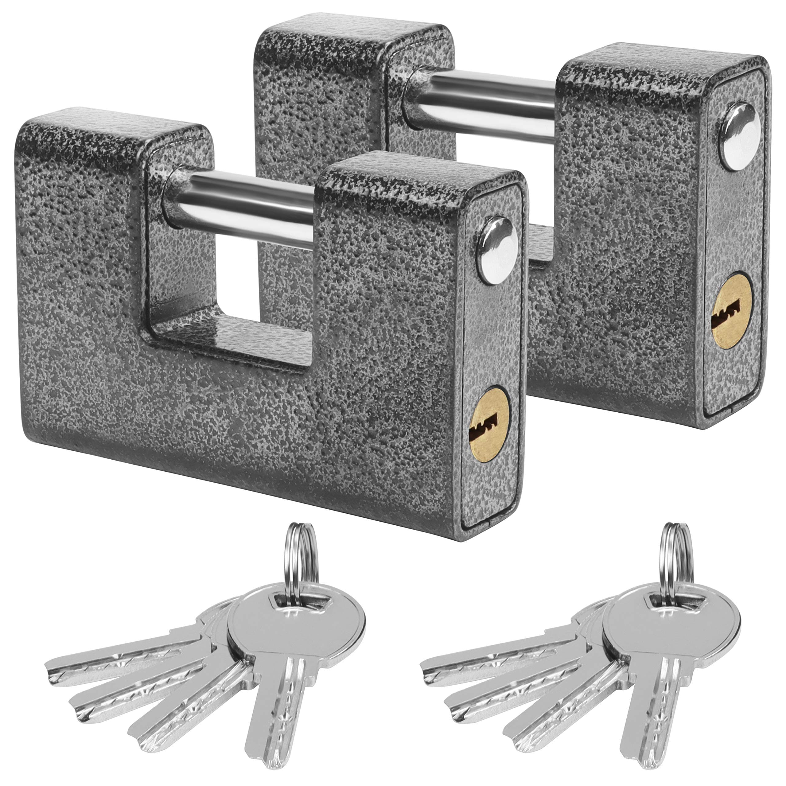 Heavy Duty Padlocks with 8 Keys (2 Pack) - Hardened Solid Steel Hardware Monoblock Lock - 12mm Thick Shackle - Protect Garage Door, Containers, Sheds, Shutters, Lockers, Gates and Warehouses