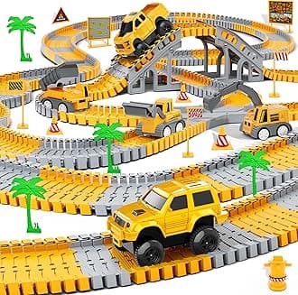Kids Toys 253 PCS Construction Race Tracks Toy for 3 4 5 6 7 8 Year Old Boys Girls, 5 PCS Construction Truck Car and Flexible Track Play Set Create A Engineering Road Games Toddler Toys Birthday Gifts