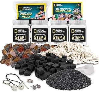 NATIONAL GEOGRAPHIC (Complete Starter Kit) - Rock Tumbler Media - Rock Polisher Tumbler Kit, 4 Stage Rock Tumbler Grit and Polish, Ceramic Pellets, GemFoam Polishing Foam, 1.4kg Madagascar Rocks, G...