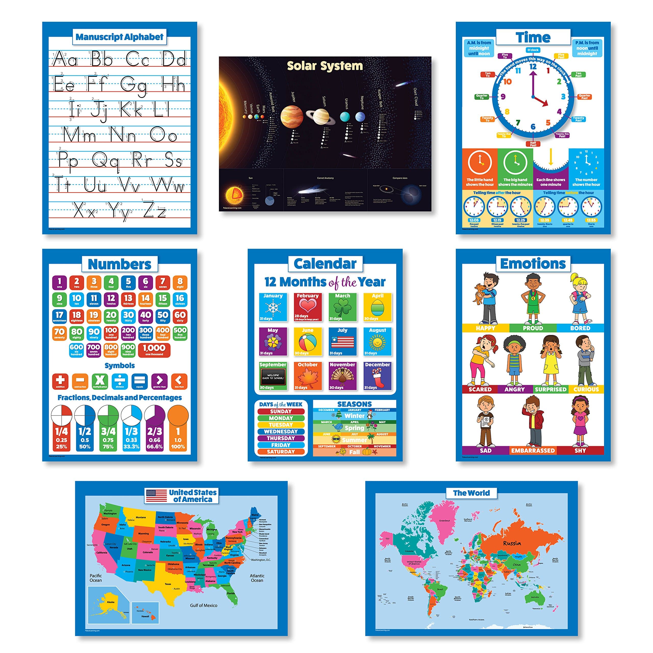 8 Educational Wall Posters For Kids - ABC - Alphabet, Solar System, USA Map, World Map, Numbers 1-100 +, Days of the Week, Months of the Year, Emotions, Time | Preschool Learning Charts (PAPER) Poster – January 1, 2017