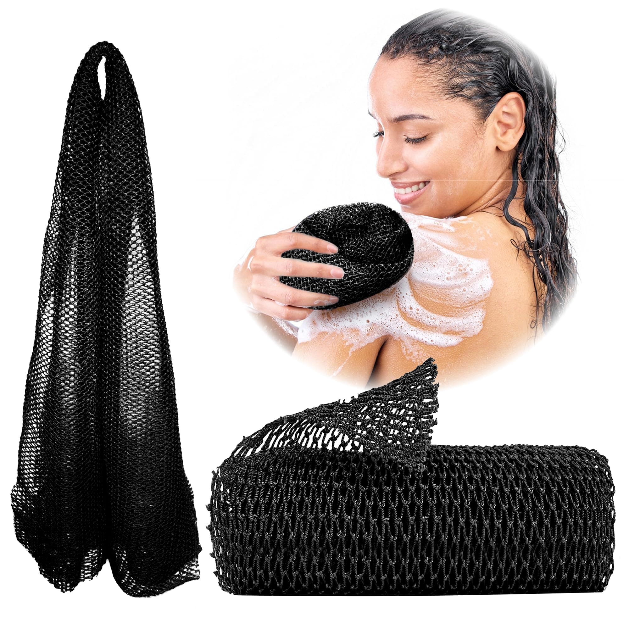 Adeton African Net Sponge, Authentic, Real, Black Owned, Exfoliating Bath Wash Cloth, Long Sponge, Body Exfoliator, Sapo, Shower Bath Accessories, Back Foot Scalp Scrub, Flat Dead Skin Remover (Black)