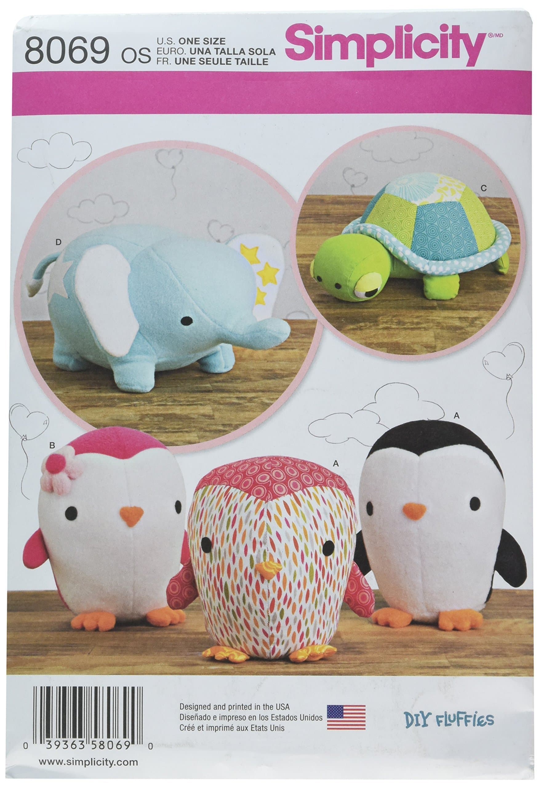 Simplicity Creative Patterns 8069 Stuffed Penguins/Turtle/Elephant, One Size