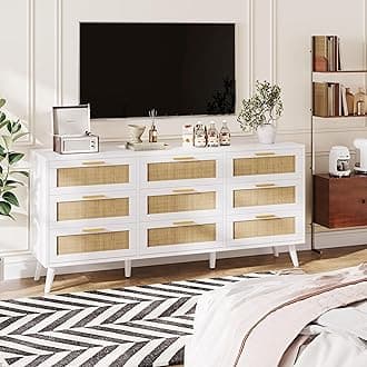 Rovaurx9 Drawer Double Dresser for Bedroom, Rattan Chest of Dressers, Modern Wooden Dresser Chest with Golden Handles, Beside Table for Closet, Living Room and Entryway, White and Natural RDG002WM