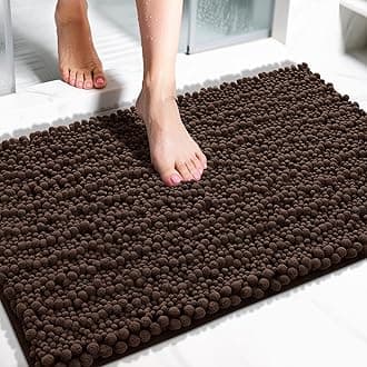 Yimobra Bathroom Rugs Non Slip Washable 32x20 Inch - Ultra Soft Absorbent Chenille Bath Mat, Quick Dry Shaggy Floor Carpet for Tub Shower, Brown Home Decor Accessories