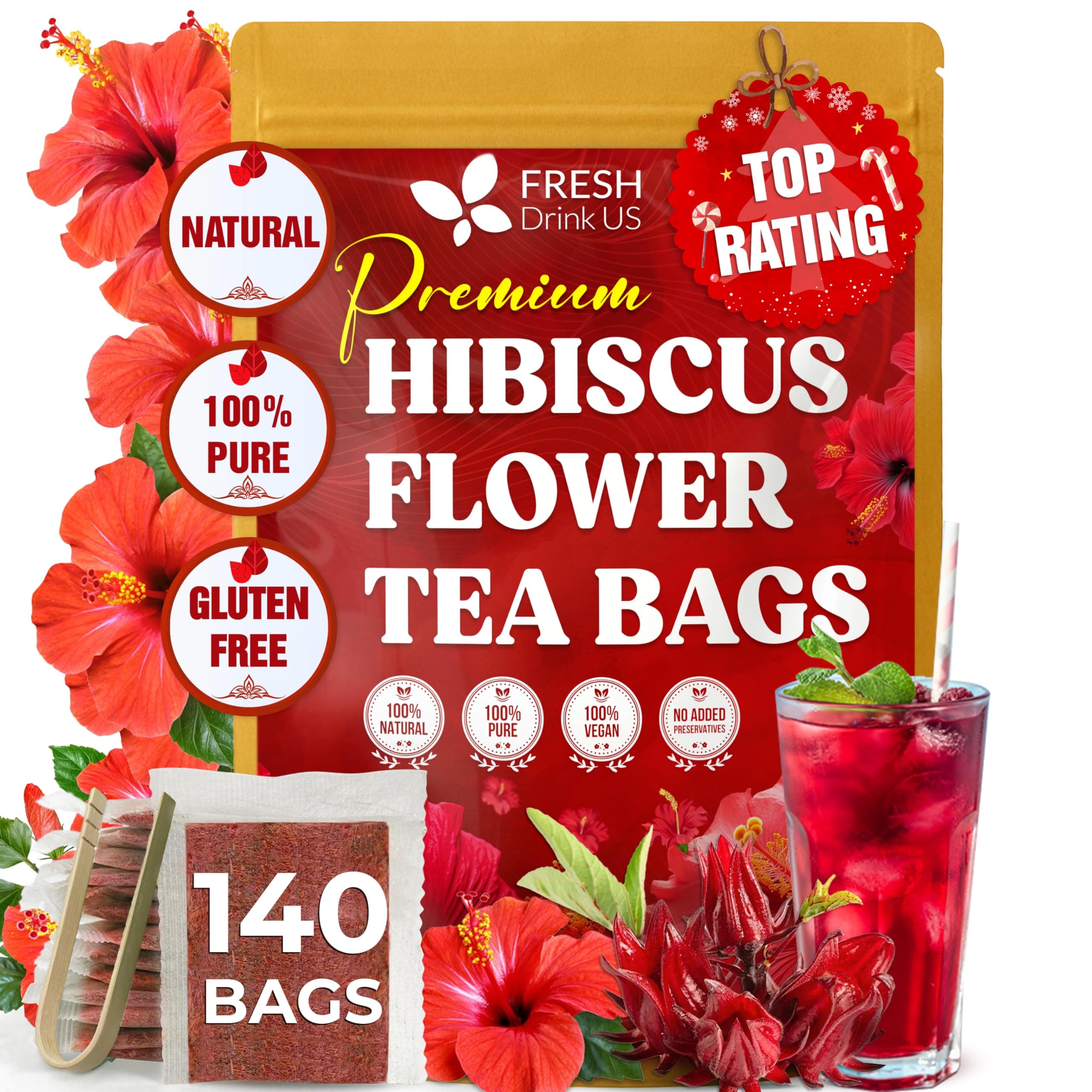 FRESHDRINKUS 140 Hibiscus Flowers Tea Bags, 100% Natural, Pure from Hibiscus Flowers. Loose Flower Hibiscus Herbal Tea. Hibiscus Flower Tea. No Sugar, No Caffeine, No Gluten, Vegan.