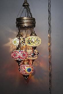 Asylove 5 Globe Turkish Pendant Ligting, Mosaic Turkish Moroccan Hanging Lamp, Ceiling Decorative Dining Lamp, 3 Feet Height 7 inch Globes (HotMix)