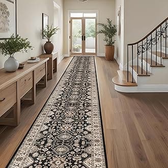 Washable Hallway Runner Rug 3x20: Non Slip Runner Rugs with Rubber Backing Soft Kitchen Rug Farmhouse Distressed Carpet Runner for Living Room Bedroom Bathroom (Black, 3X20)