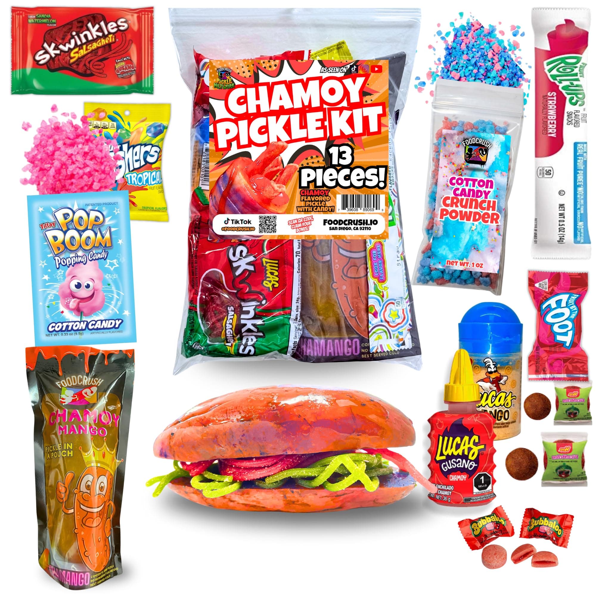 Chamoy Pickle Kit-Mexican Candy Gift Box | Variety Candy Pack with Chamoy Pickles Single Pouch, chamoy powder sauce 2 sour gummies salsaghetti-Birthday Gifts For Kids-Dulces Mexicanos-Tiktok Candy