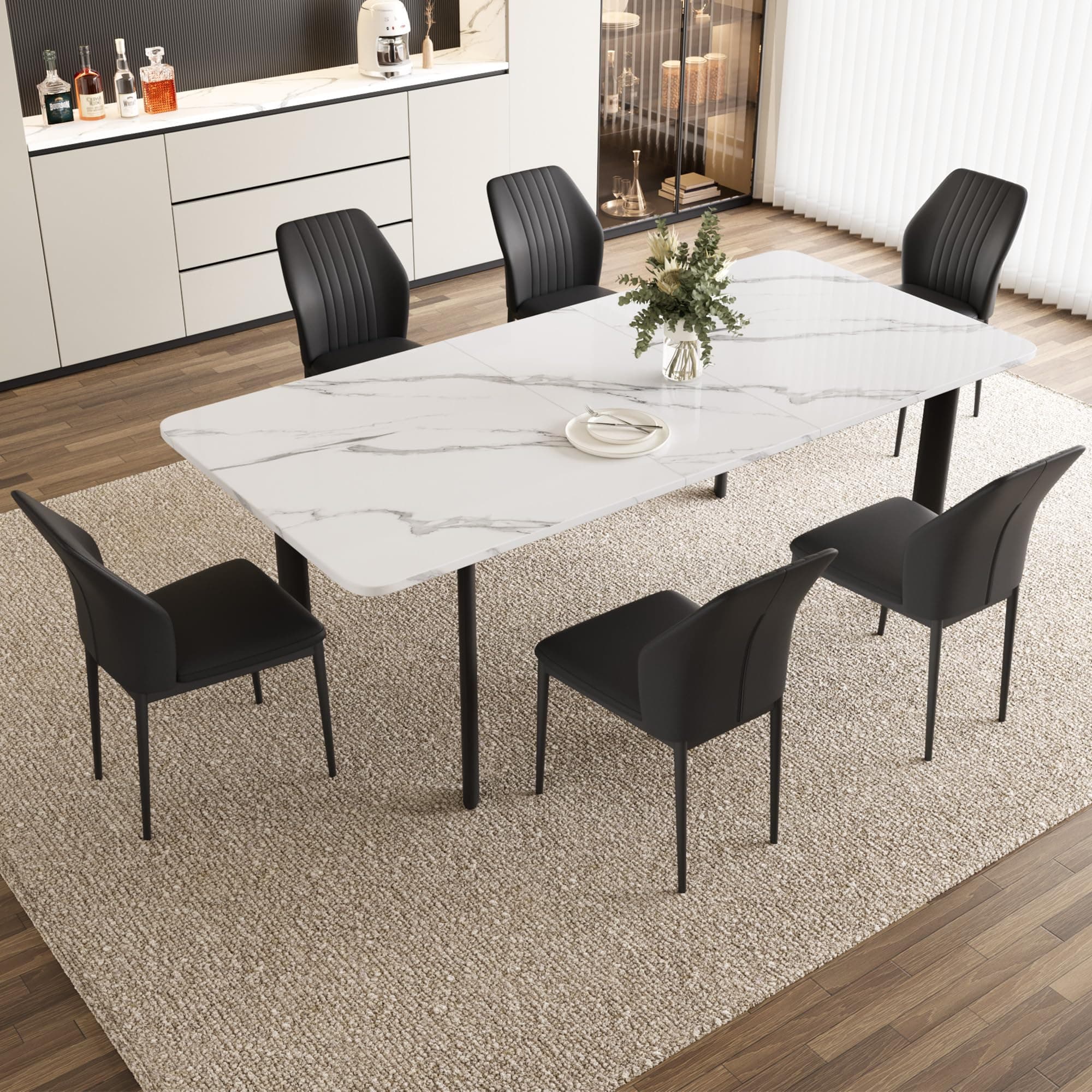 HIPIHOM Extendable Dining Table Set for 6-8 People, 63 to 78.7 Inch MDF Kitchen Table with 6 Upholstered Chairs, Space-Saving for Dining Room, Breakfast Nook(White Table & 6 Black Chairs)