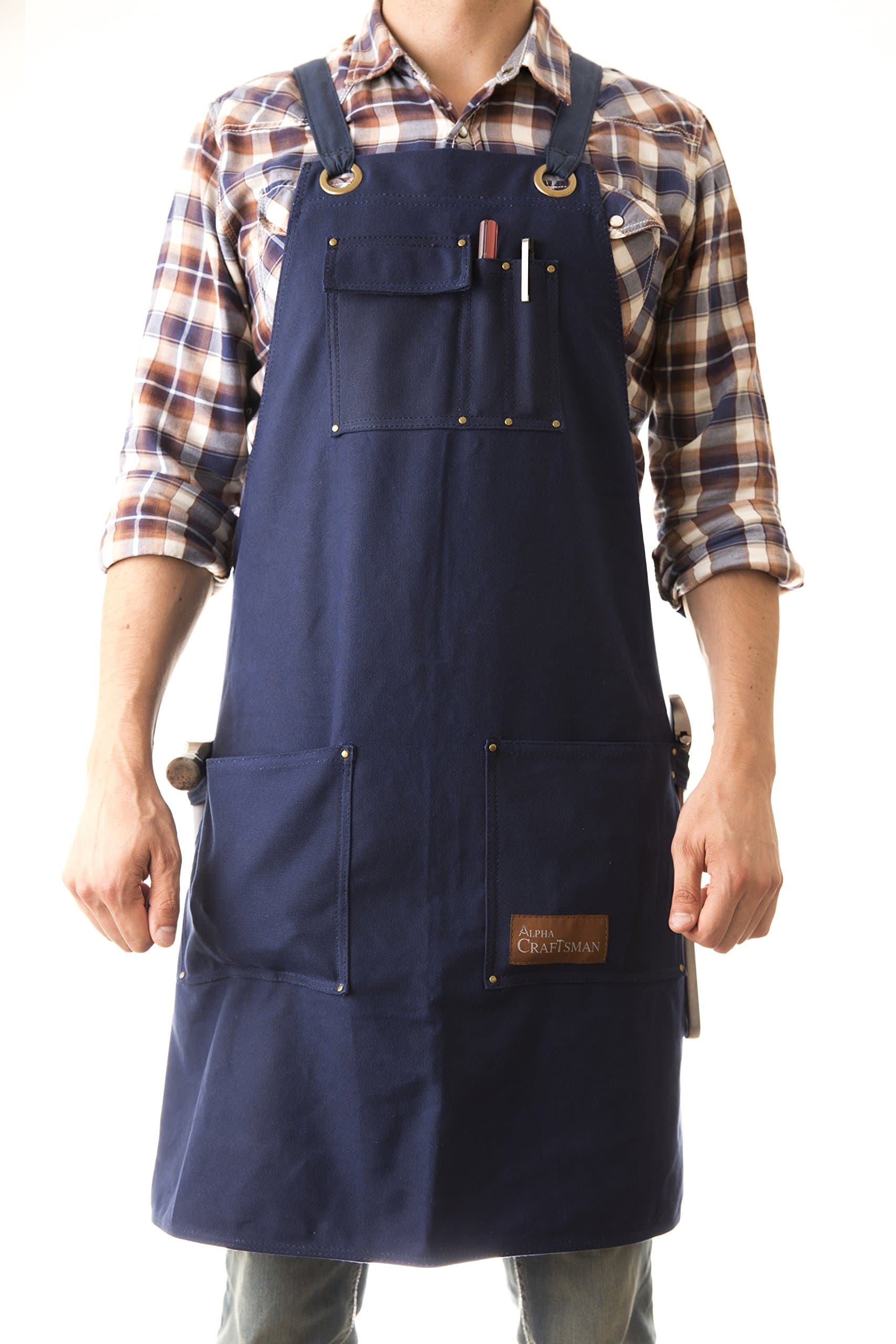 Heavy Duty Waxed Canvas Work Apron (Classic Blue) with Pockets - Size up to XXL - for Men and Women