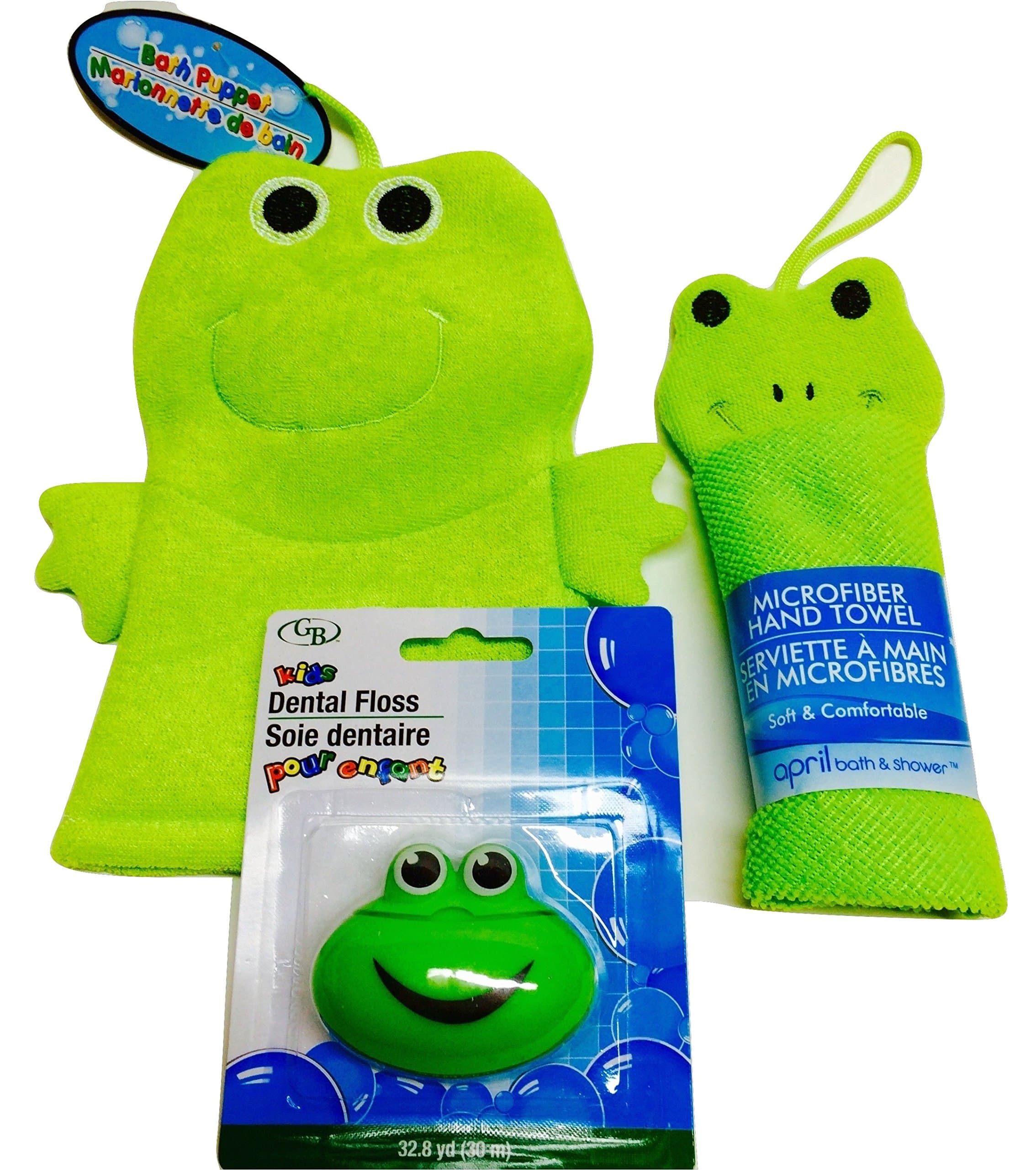Children's Bath Buddies- Delightful and Friendly Green Frogs! Soft Microfiber Hand Towel and Bath Puppet Plus Green Froggy Dental Floss Dispenser! 3-Piece Bundle