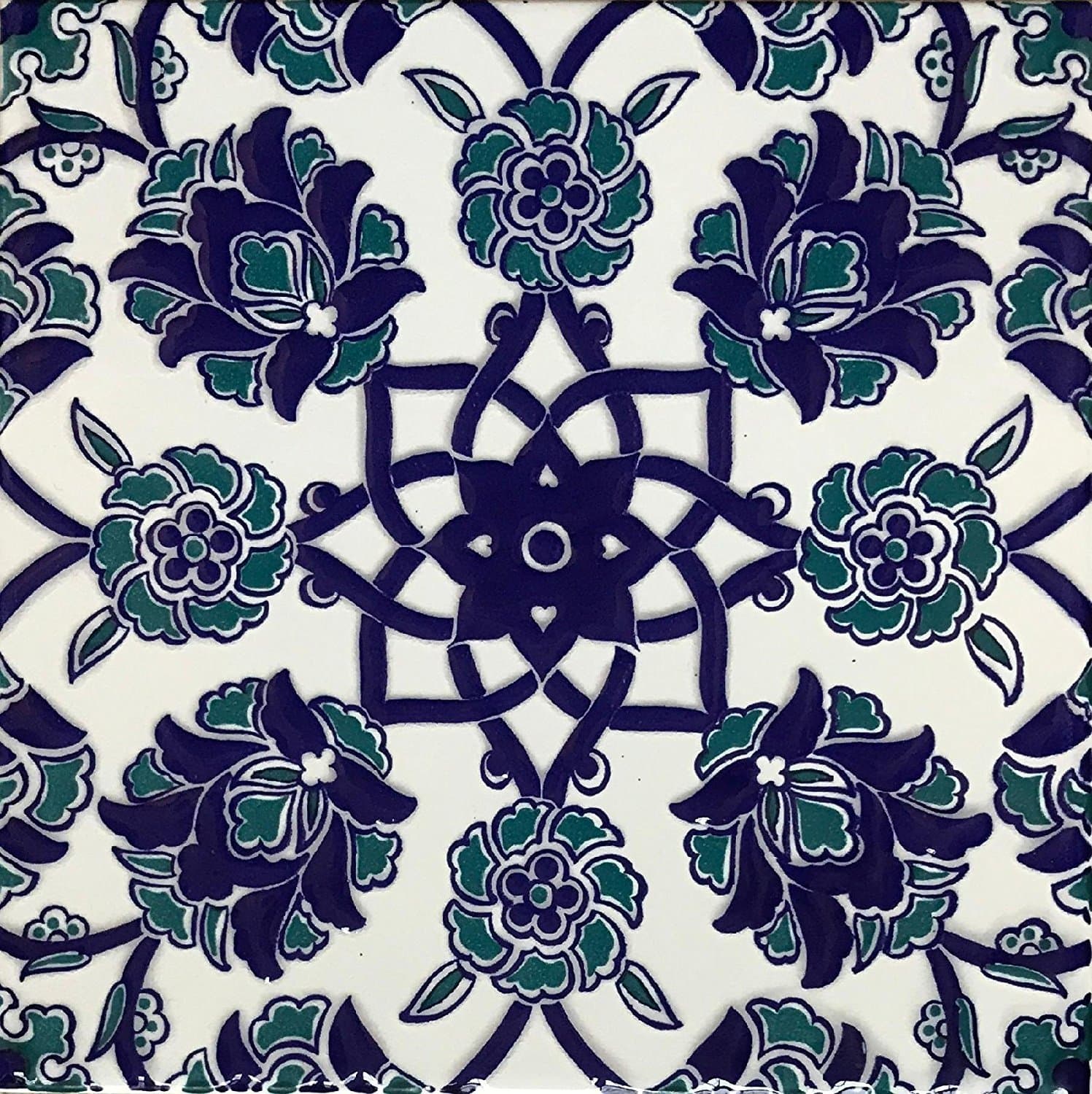 Turkish Blue Iznik Carnation & Daisy Pattern 8" x 8" Ceramic Tile
