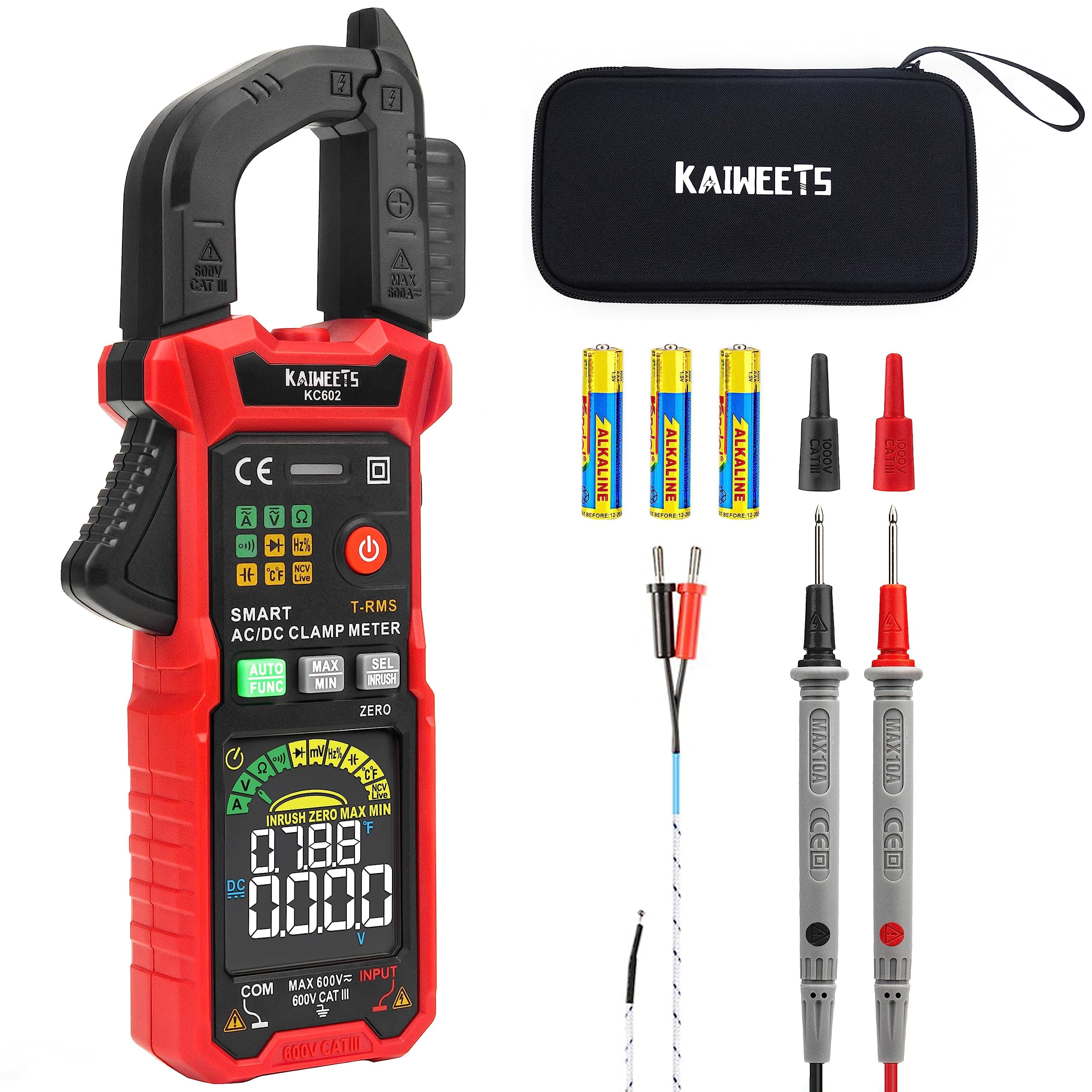 KC602 Clamp Meter, Smart Auto-Range Multimeter 600A AC/DC Current, 600V AC/DC Voltage with Pen Holder, LCD Backlit, Capacitance, Continuity, Resistance, Diodes, Frequency, Temperature, NCV