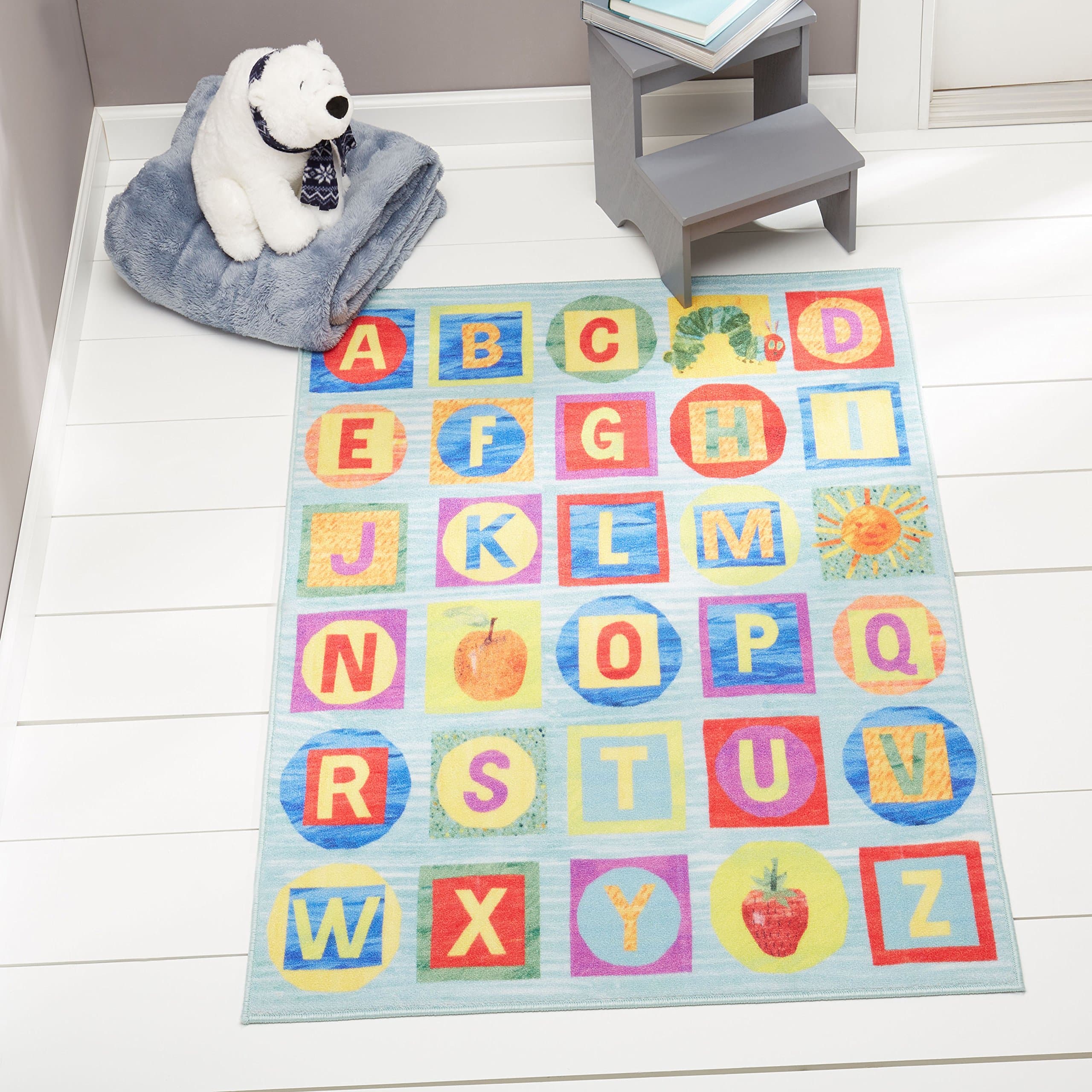 Eric Carle Elementary Blue Alphabet Blocks Machine Washable Educational Kids Area Rug, Blue/Yellow/Red 6'6"x9'5" Rectangle