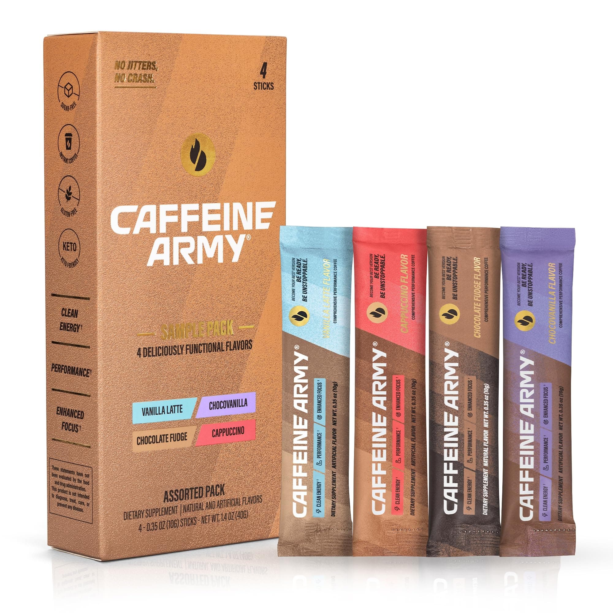CAFFEINE ARMY Sample Pack | Comprehensive Functional Coffee with MCTs, CoQ10, Collagen and Adaptogens: Clean Energy + Supports Daily Attention, No Jitters or Crash | 4 Stick (1.04 oz)