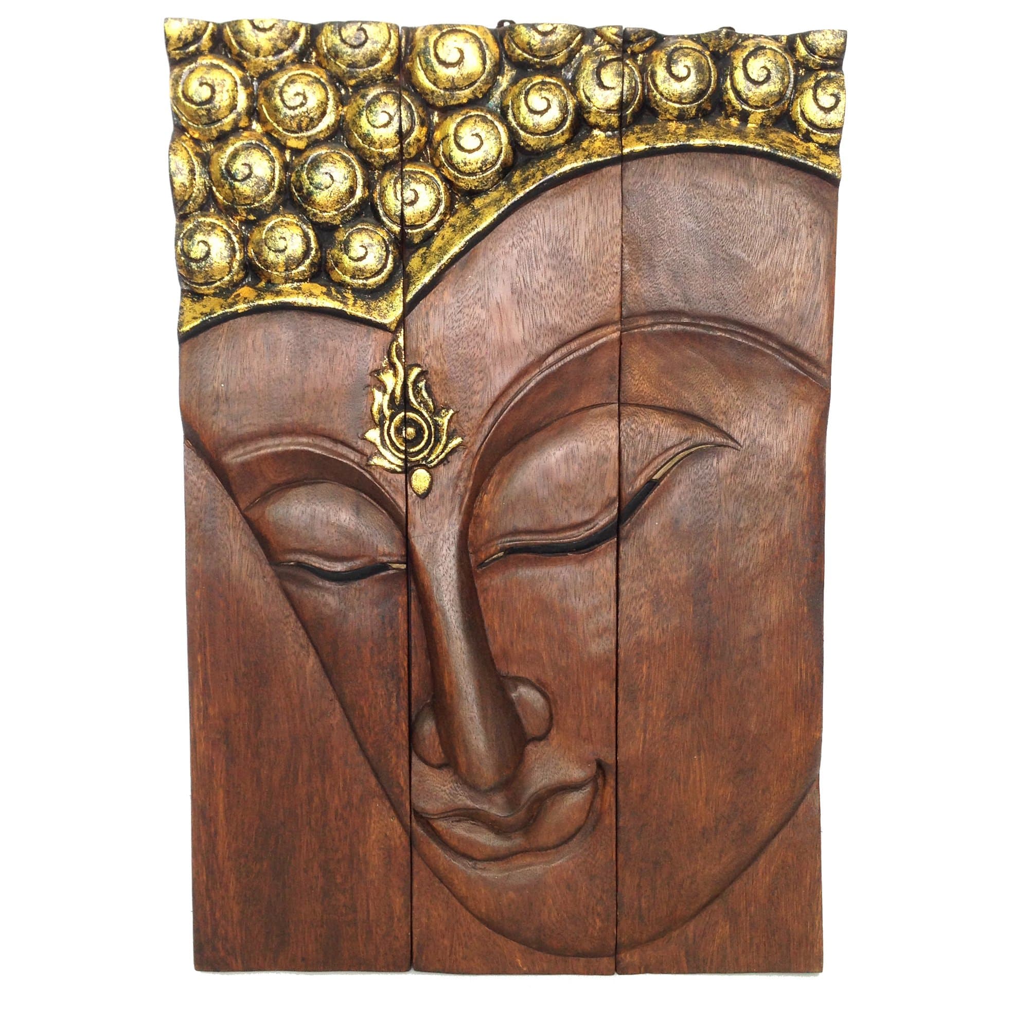 Hand Carved Buddha Face 3-Piece Panel Wall Décor, 20.5"L x 30"H x 2"W